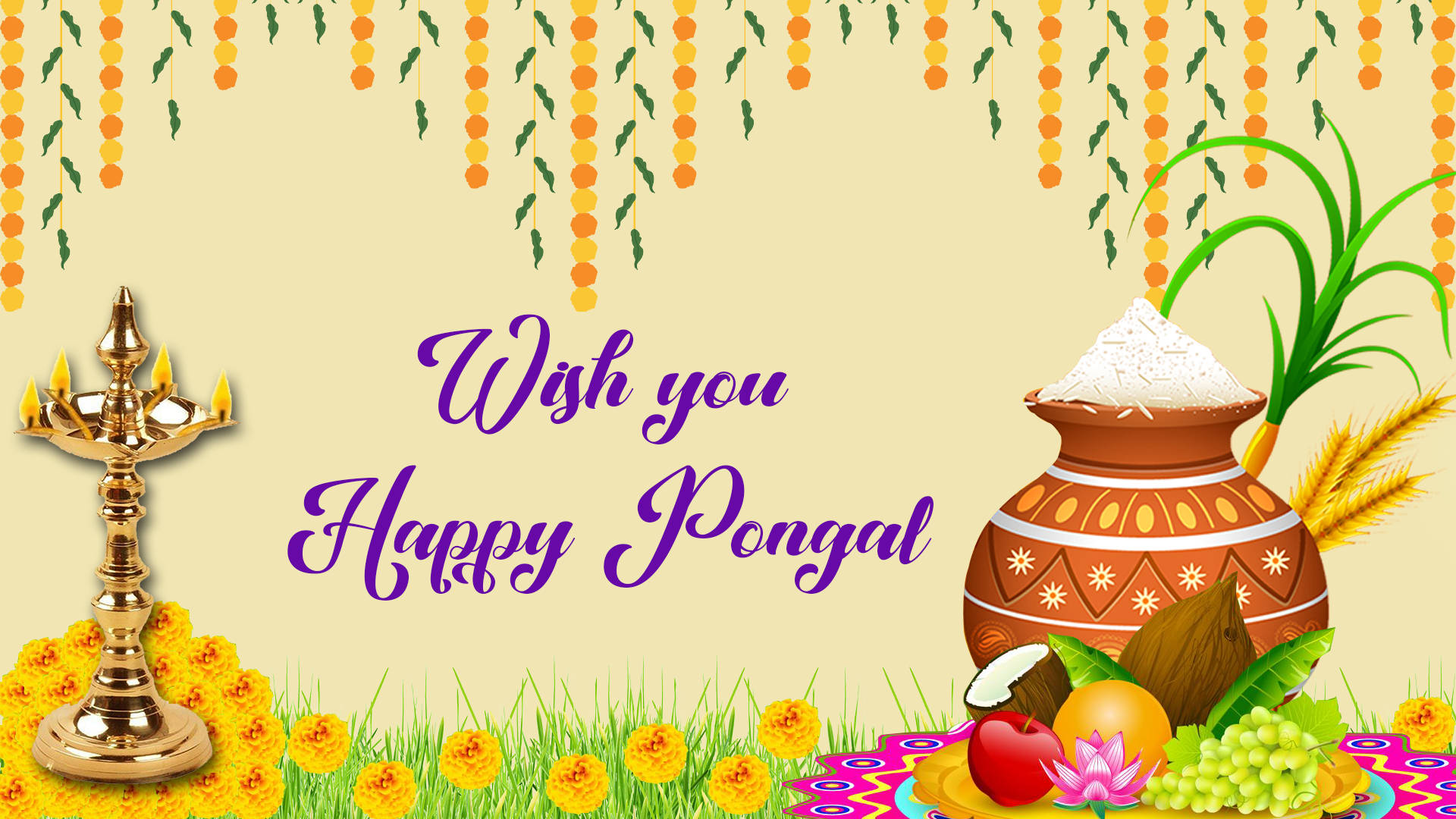 Pongal 桌布 壁紙 — 一幅節日插圖慶祝豐收節，裝飾的米鍋、椰子、水果、萬壽菊和金色燈盞，背景為奶油色。