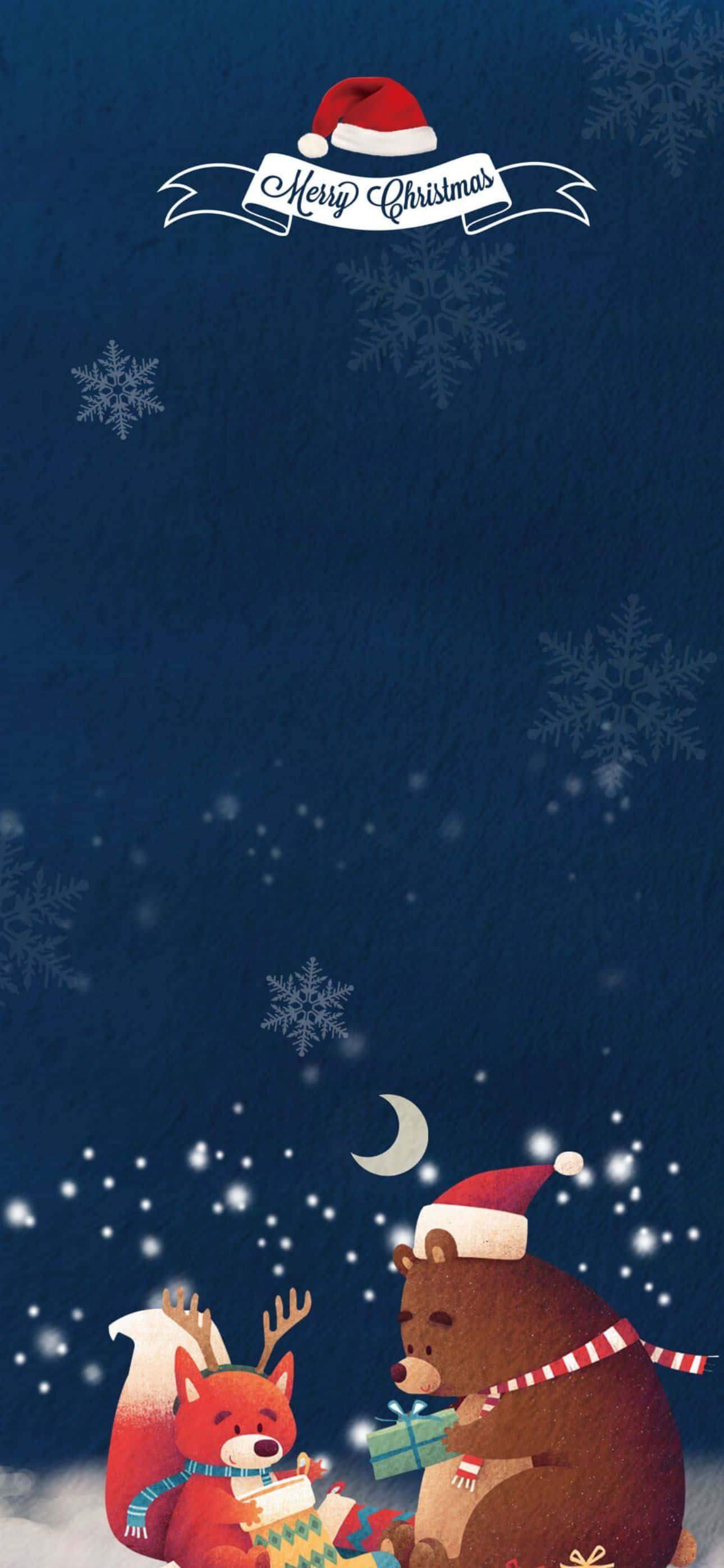 聖誕節 iPhone 桌布 壁紙 — 一幅節日插畫，描繪戴著聖誕帽的熊和狐狸在飄雪和彎月下交換禮物。