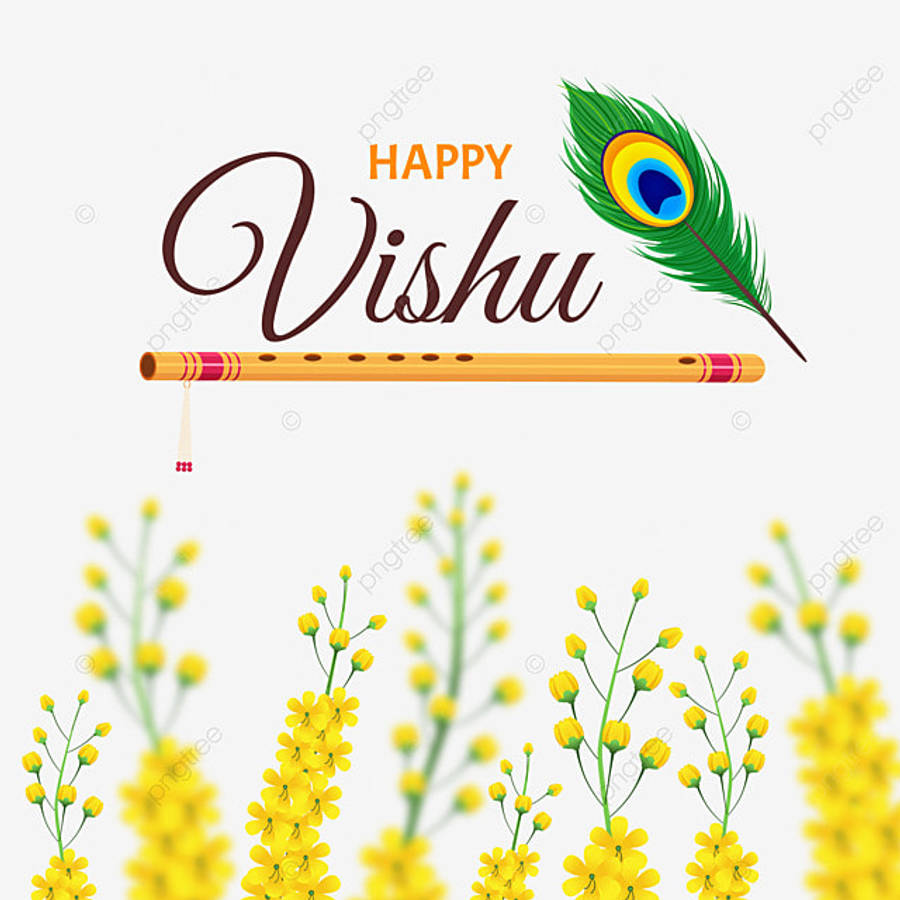 Vishu 桌布 壁紙 — 一幅節日插畫慶祝 Happy Vishu，以孔雀羽毛和笛子點綴在盛開的黃色花朵上方。