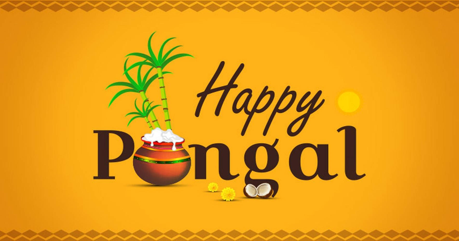 印度 桌布 壁紙 — 一幅節日插畫慶祝Happy Pongal，傳統鍋子裡滿是米飯和椰子，旁邊有棕櫚樹，金色背景。