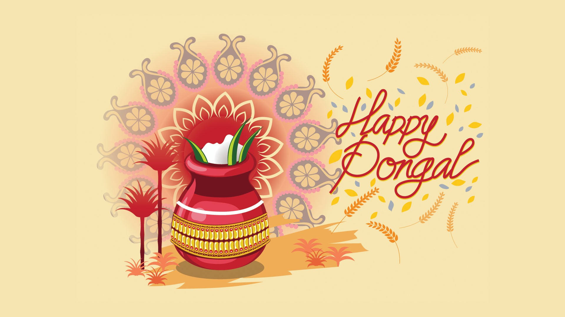 Greetings 桌布 壁紙 — 一幅節日插畫慶祝Happy Pongal，紅色鍋子盛滿米飯和蔬菜，襯以溫暖圖案背景。