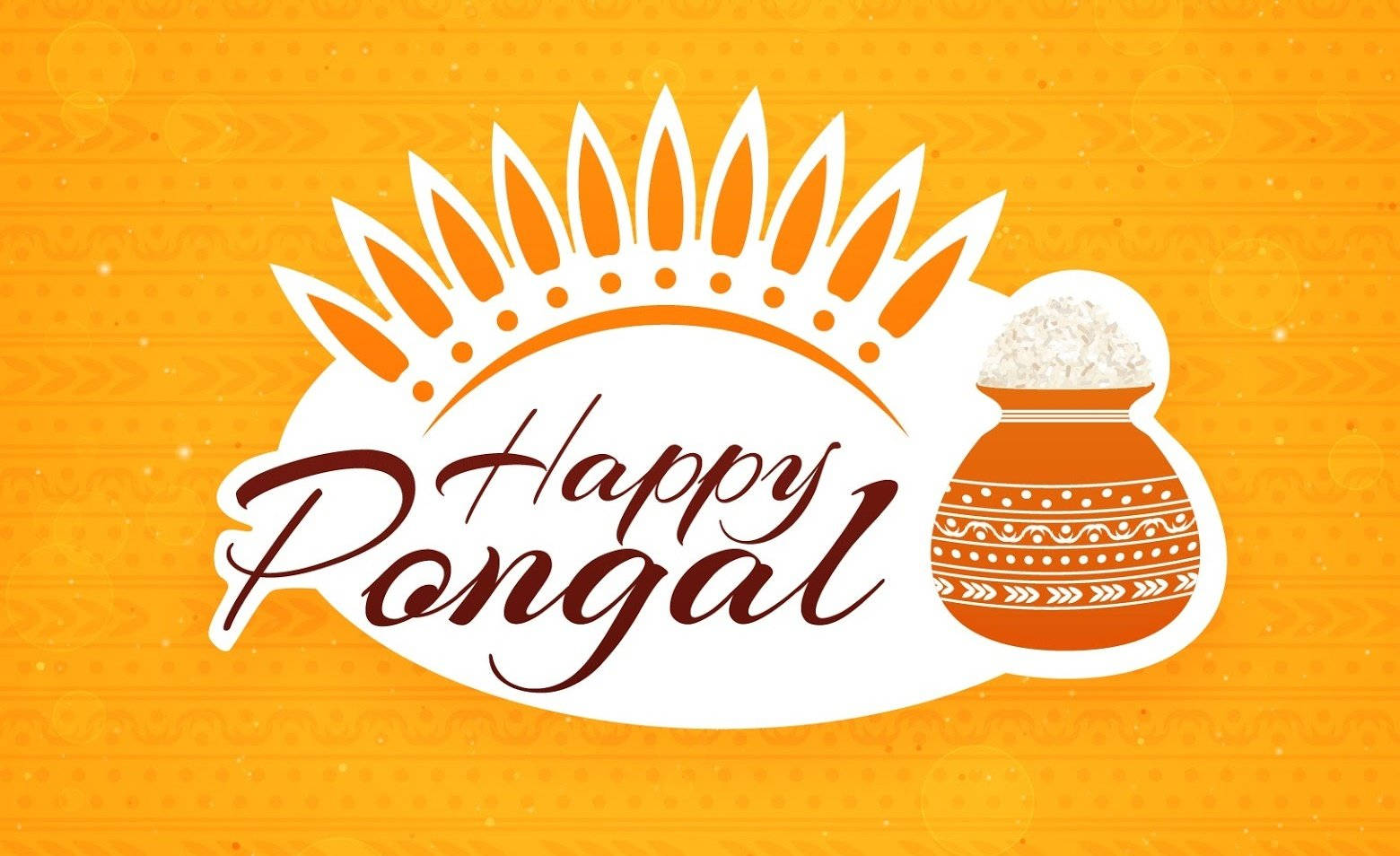 Greetings 桌布 壁紙 — 一幅節日插畫慶祝Happy Pongal，在溫暖的橙色背景上，一個裝飾過的鍋子在燦爛的陽光下溢出米飯。