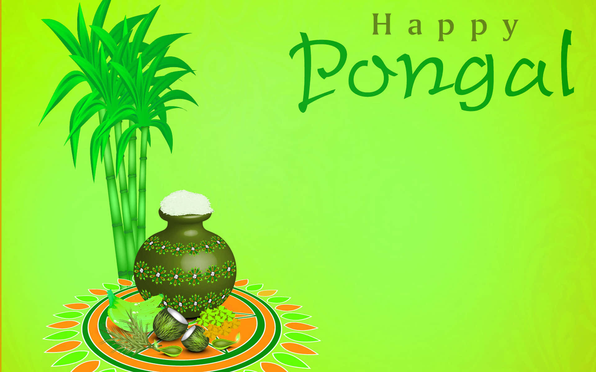 Pongal 桌布 壁紙 — 一幅節日插畫慶祝豐收節，畫中有裝飾過的鍋子盛滿米飯，旁邊有甘蔗和傳統供品，放在色彩繽紛的藍果麗圖案上。