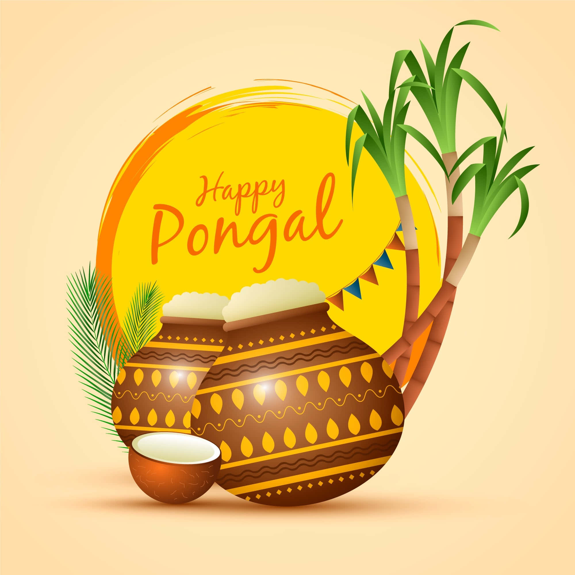 Pongal 桌布 壁紙 — 一幅節日插畫慶祝豐收節，裝飾鍋中盛滿米飯、甘蔗和椰子，背景是溫暖的黃色太陽。