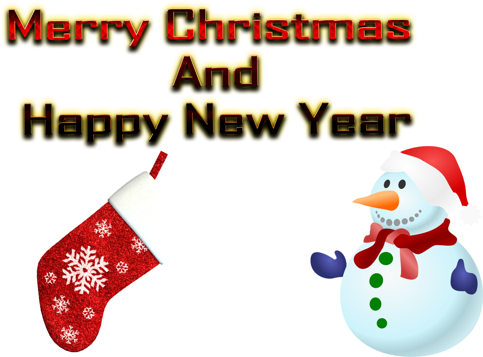Happy New Years 桌布 壁紙 — 一幅節日數位插圖，在黑色背景上展示了一個戴著聖誕老人帽的雪人和一條紅色雪花襪，並帶有發光的節日文字。