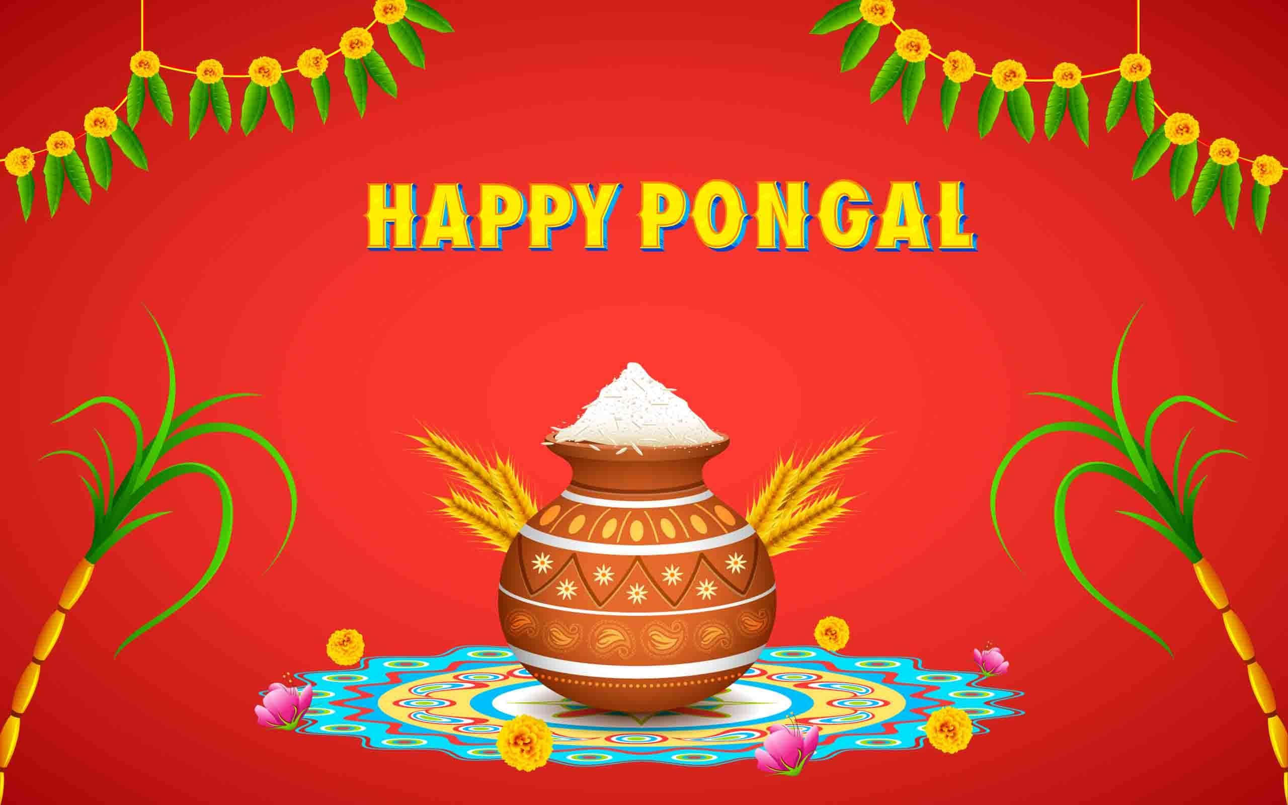 Pongal 桌布 壁紙 — 一幅節日數位插圖，描繪傳統的豐收鍋溢出米飯和小麥稈，背景為紅色並帶有花環。