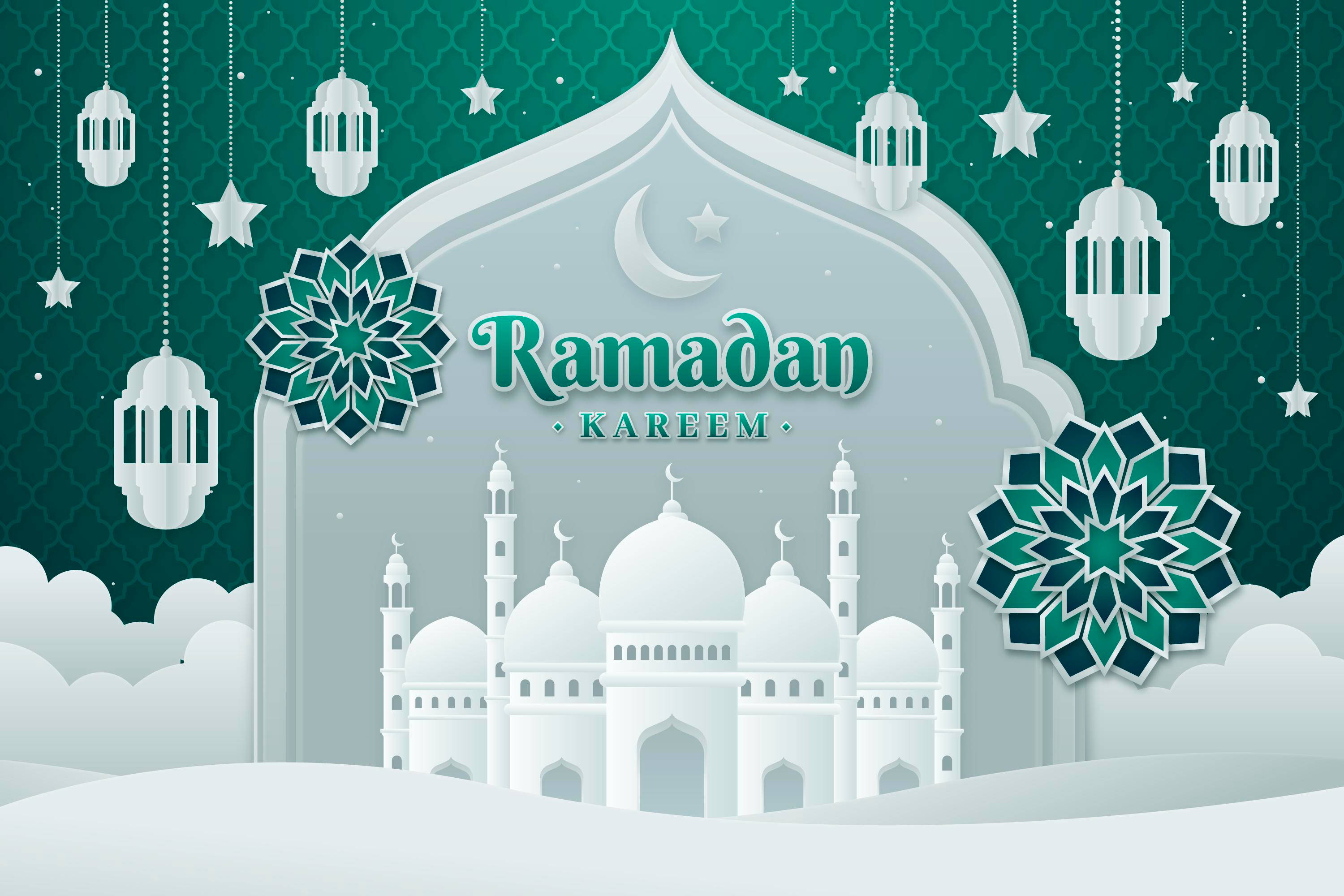 伊斯蘭 桌布 壁紙 — 一幅節日氣氛的 Ramadan Kareem 插圖，描繪白色清真寺在青綠色圖案天空下，掛著燈籠和星星。
