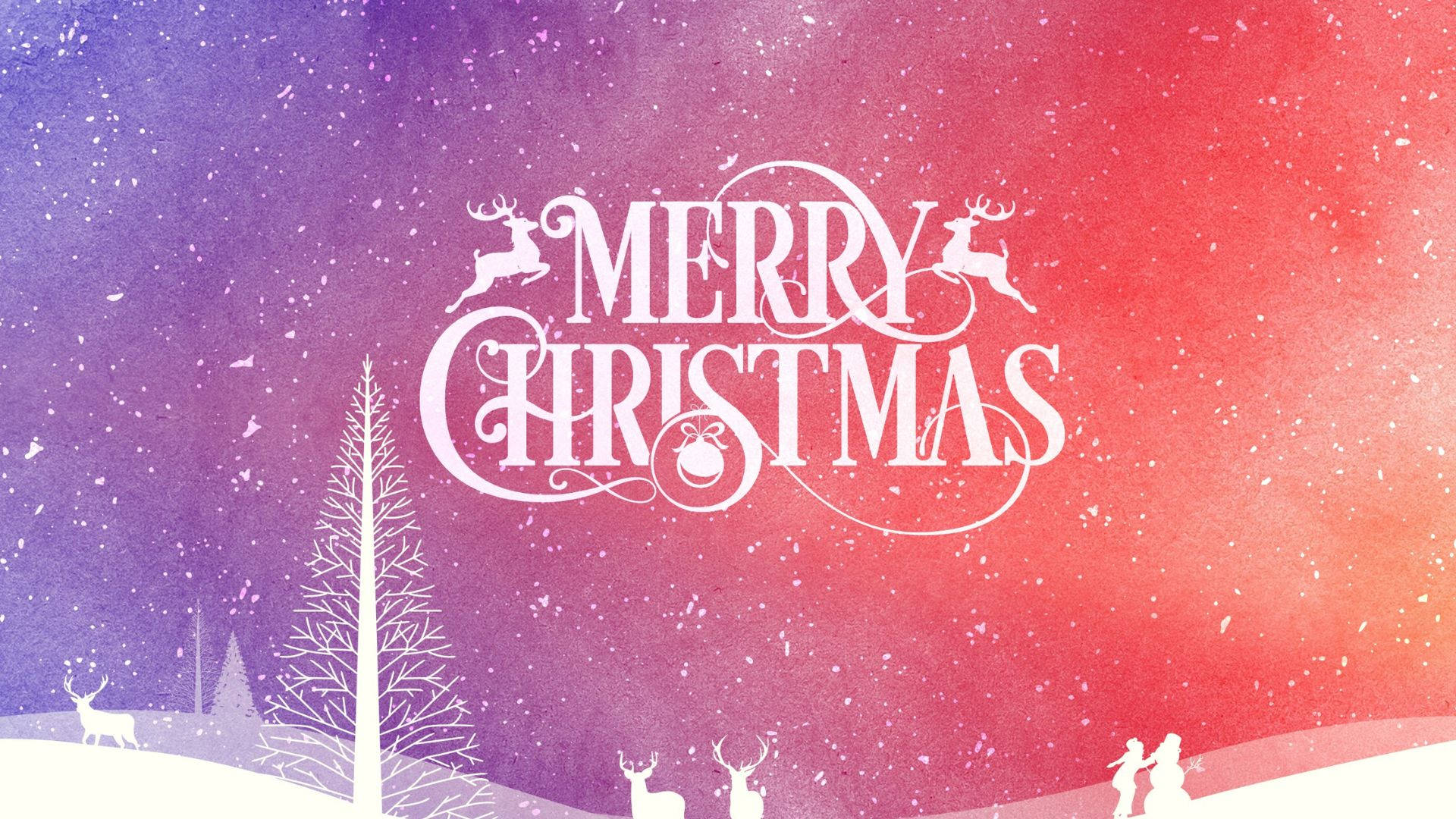 Kawaii Christmas 桌布 壁紙 — 一幅節日水彩聖誕賀卡，以優雅白色字體和馴鹿剪影，襯托著由紫到紅的雪地漸變天空。