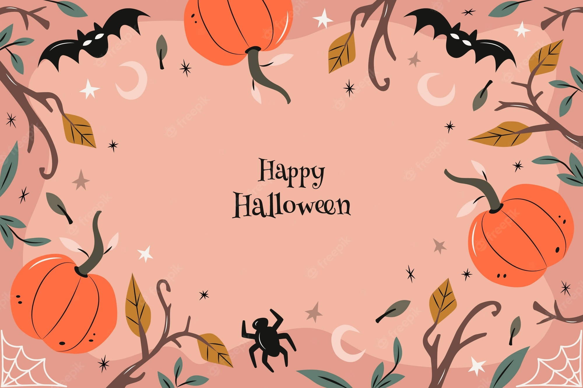 Spooky Season 桌布 壁紙 — 一幅節日萬聖節插圖，橙色南瓜、蝙蝠、蜘蛛和秋葉環繞粉紅色背景，並帶有「Happy Halloween」文字。
