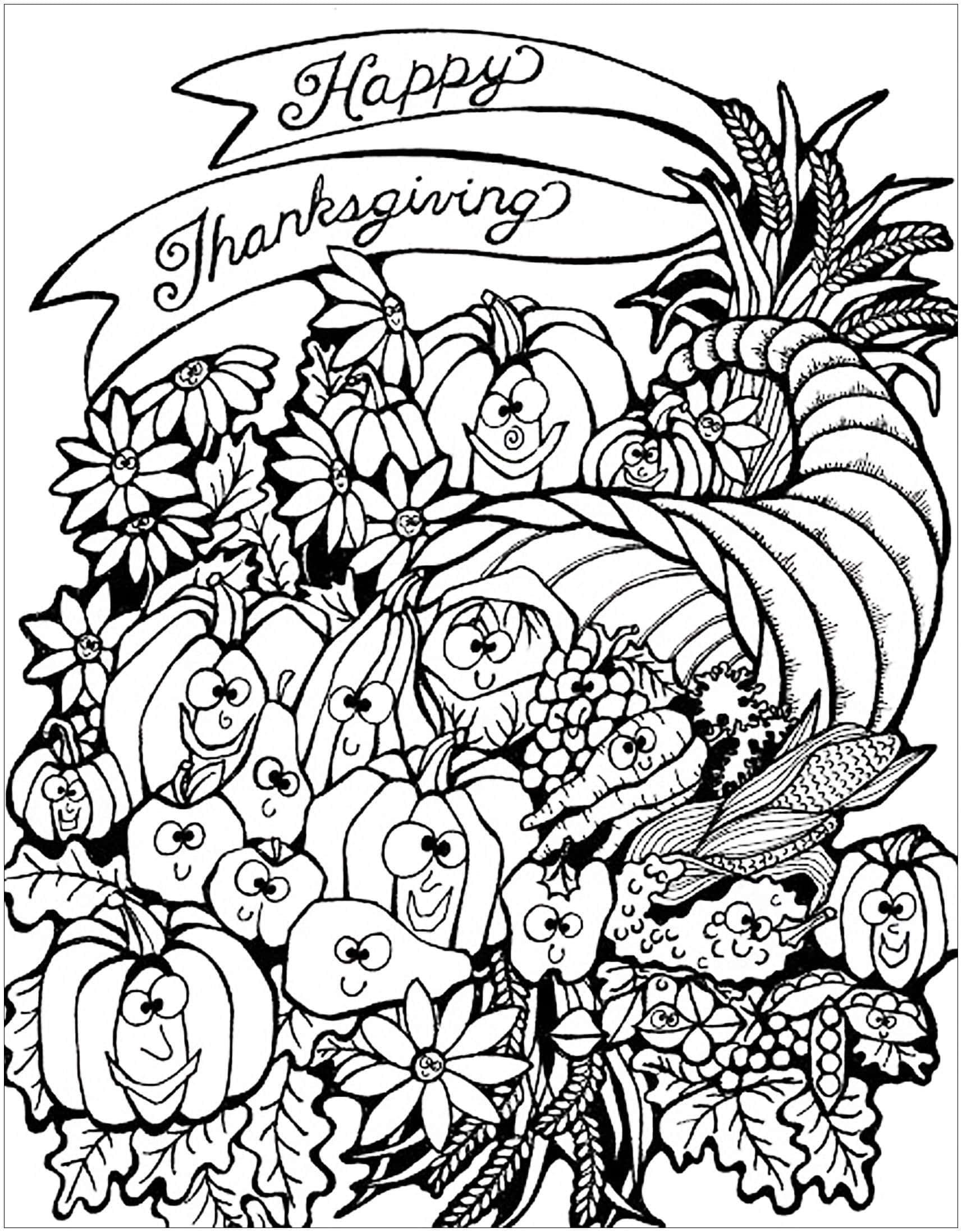 Thanksgiving Coloring 桌布 壁紙 — 一幅節日黑白線條畫，描繪一個豐收角，裡面裝滿了微笑的南瓜、蘋果和花朵，上方有「Happy Thanksgiving」橫幅。
