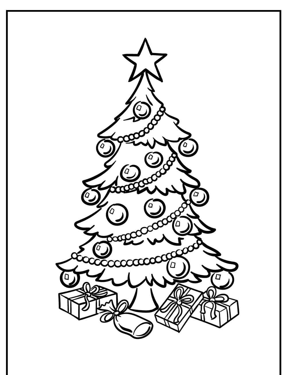 Christmas Coloring 桌布 壁紙 — 一幅節日黑白線條畫，描繪一棵裝飾著飾物、珠子和星星的聖誕樹，周圍環繞著包裝好的禮物和一個鈴鐺。