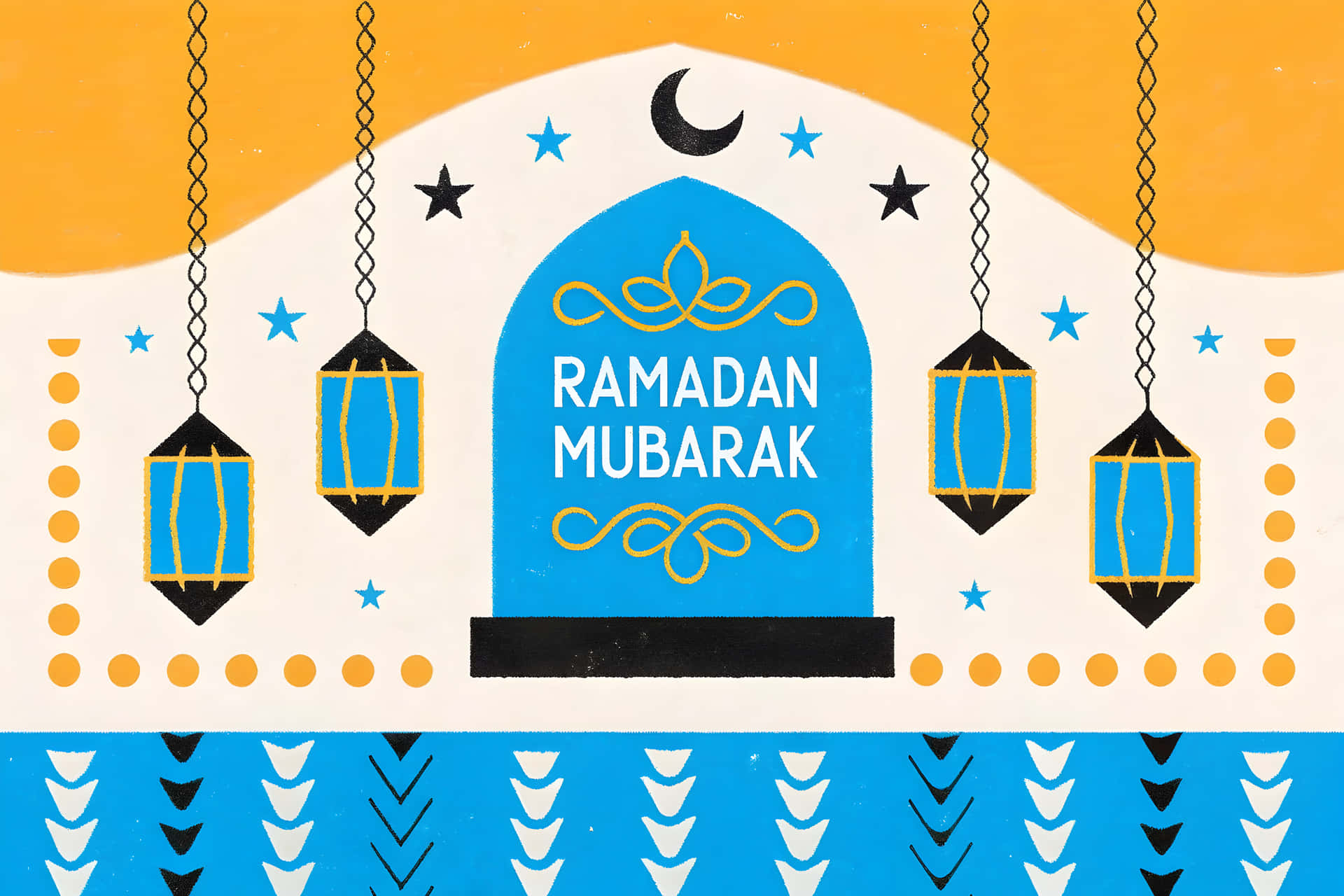 Ramadan Mubarak wallpaper landscapes 壁紙 — 一幅節日齋月穆巴拉克插圖，展示了懸掛的藍色燈籠、新月和星星，背景是溫暖的橙色和藍色。