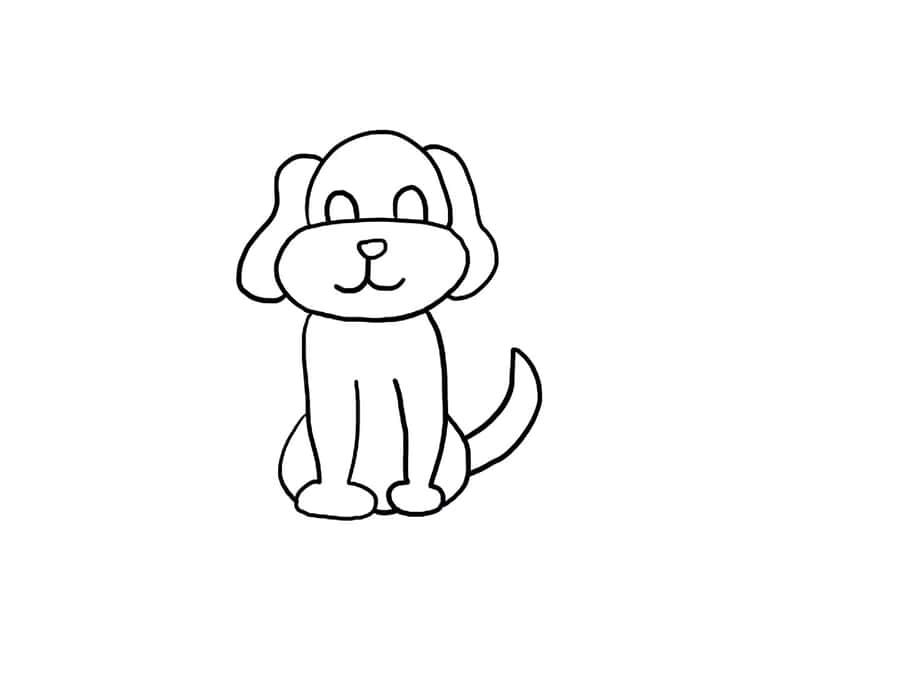 Easy Dog 桌布 壁紙 — 一幅簡單的黑白線條畫，畫著一隻可愛的坐著的小狗，有垂耳和彎曲的尾巴。
