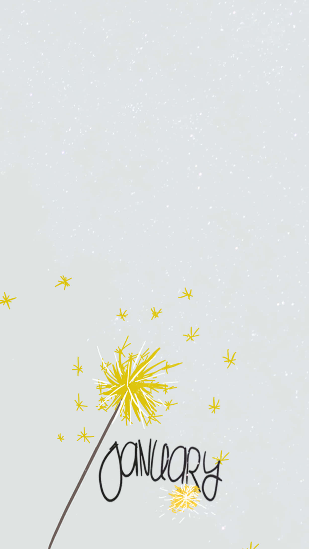 iPhone 桌布 壁紙 — 一幅簡約插圖，描繪一朵黃色蒲公英，種子散落，並在斑點淺灰色背景上以草書體寫有「一月」字樣。