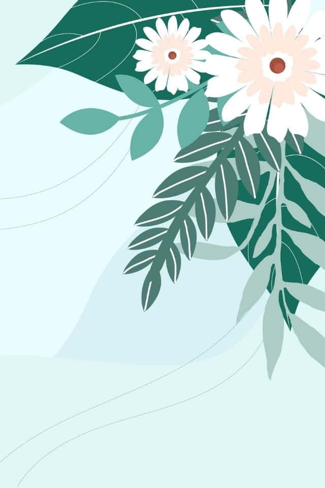 iPhone Flower 桌布 壁紙 — 一幅簡約插圖，白色雛菊和綠色葉子，襯托柔和的薄荷色背景，帶有流暢線條。