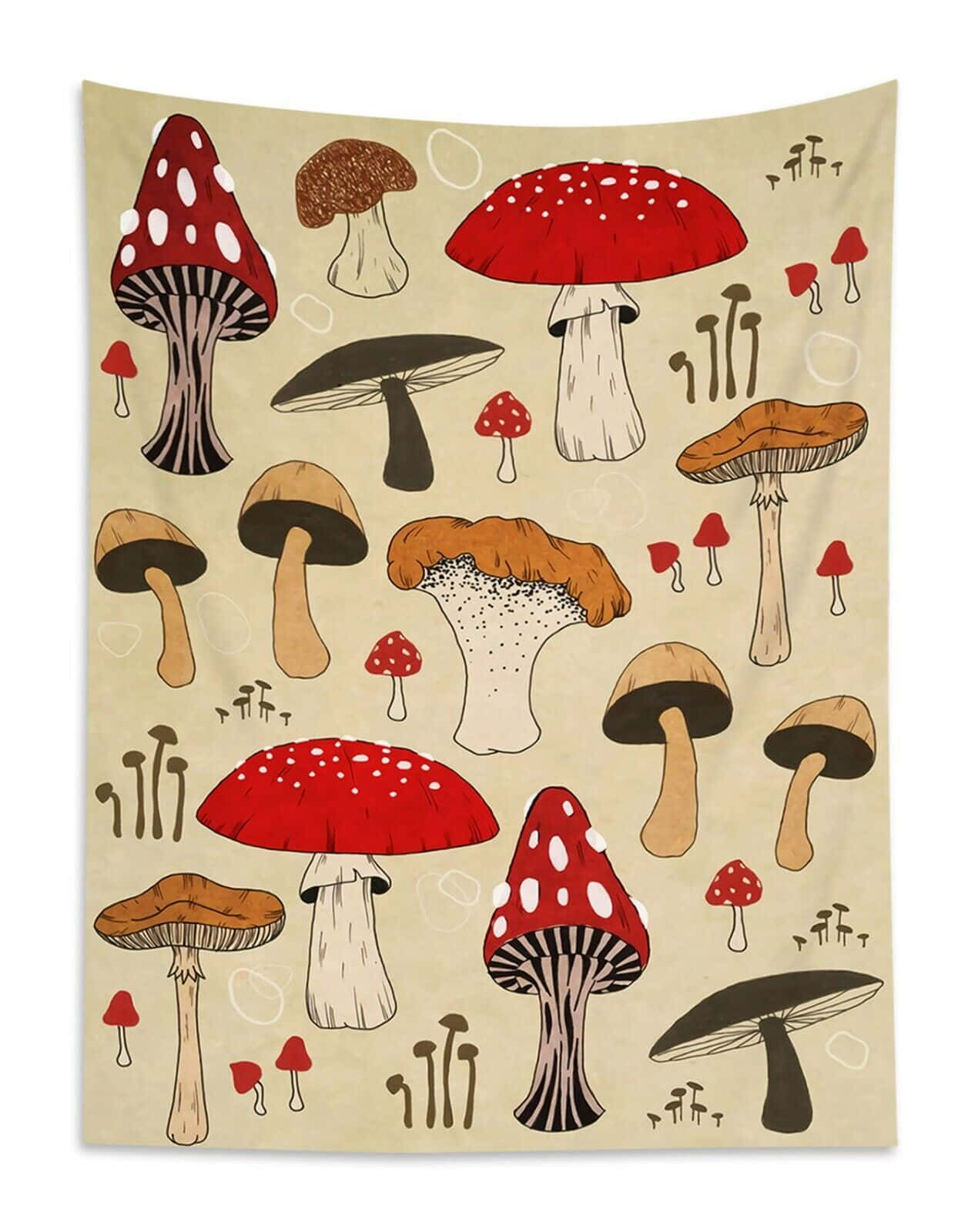 artwork 桌布 壁紙 — 一幅米色掛毯展示了一系列以紅色、棕色和奶油色調繪製的奇思妙想蘑菇插圖。
