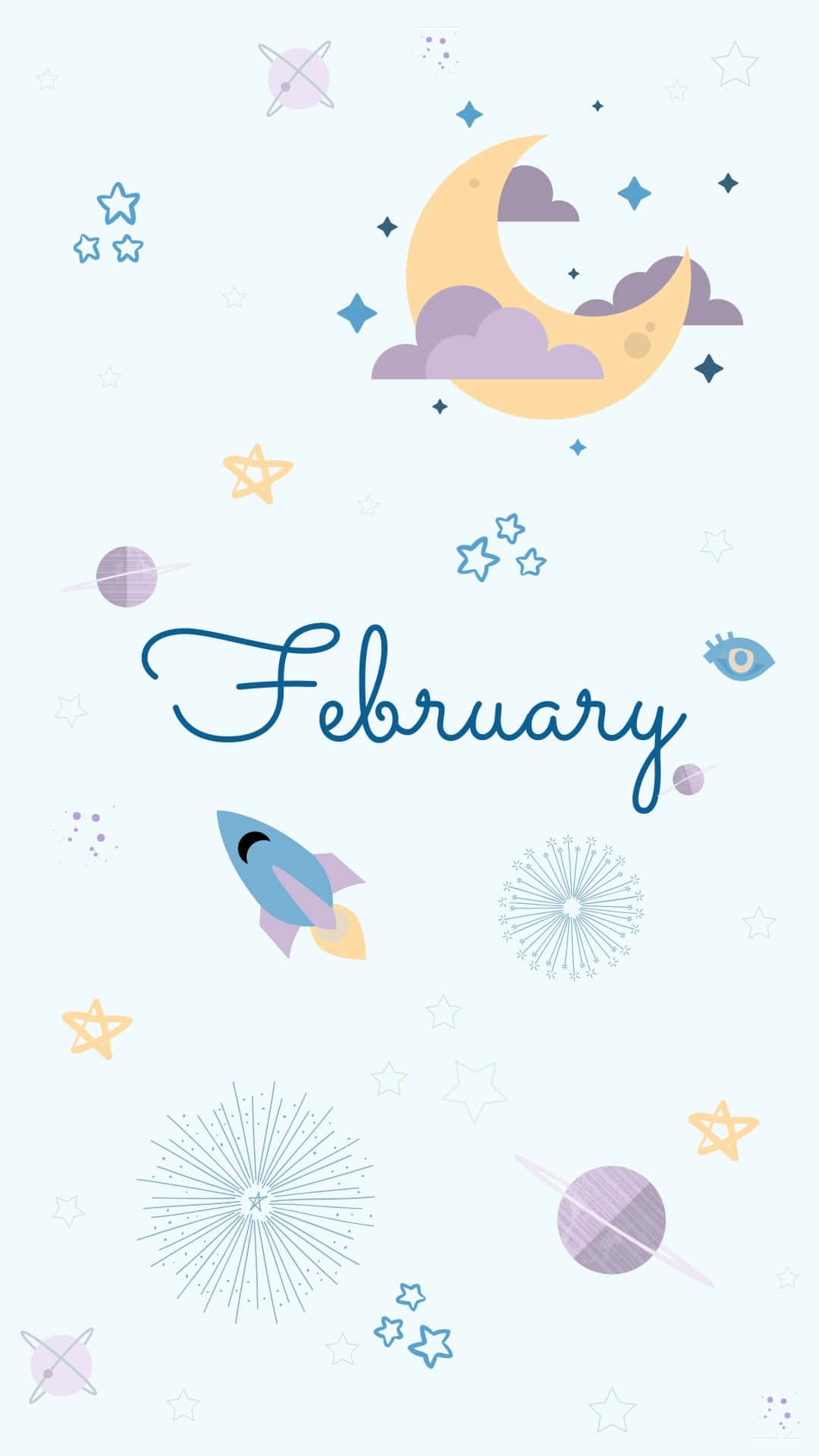 February iPhone 桌布 壁紙 — 一幅粉彩太空主題壁紙，有新月、雲朵、星星、行星和火箭漂浮在「二月」一詞周圍。