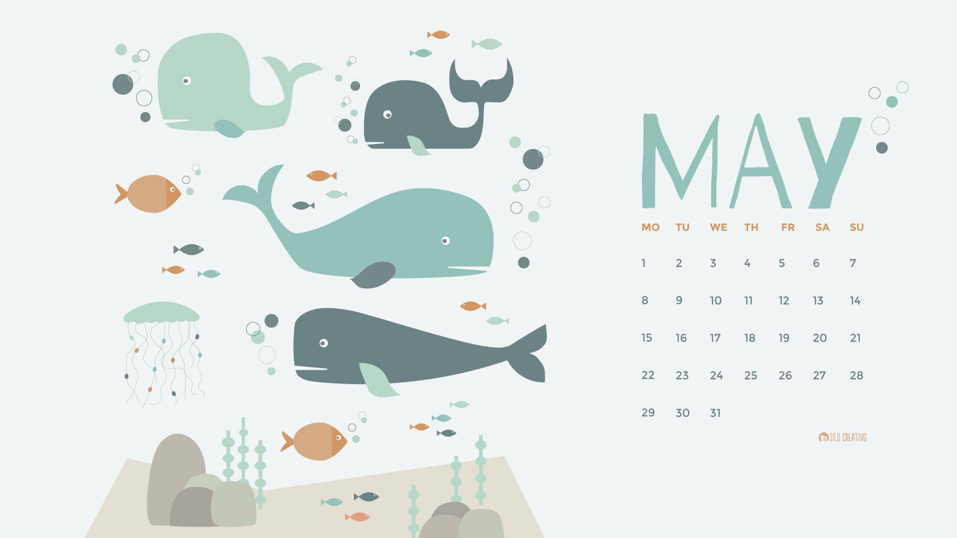 Whale 桌布 壁紙 — 一幅粉彩插圖風格的水下場景，有鯨魚、魚類和水母圍繞著五月日曆。