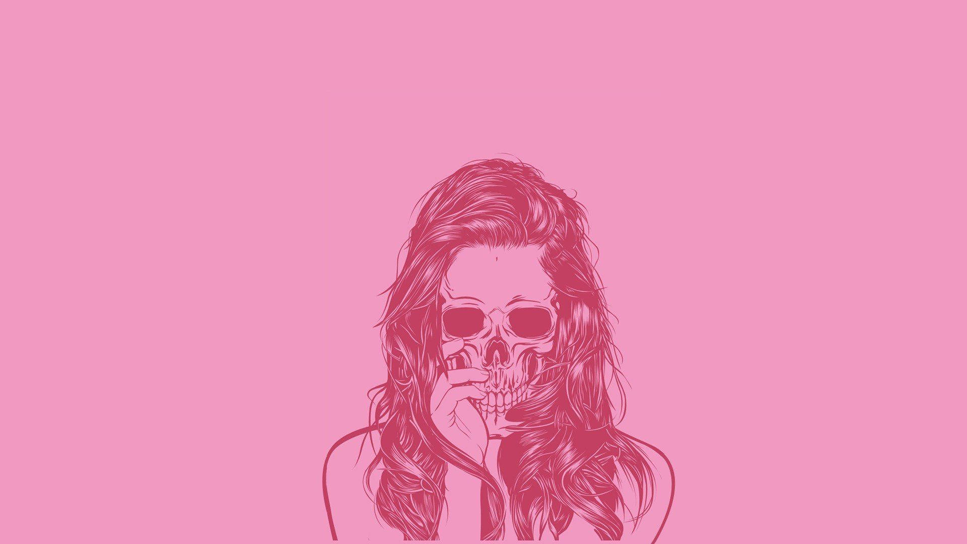 girly pink aesthetic 桌布 壁紙 — 一幅粉紅色調的插圖，描繪一位擁有骷髏臉和長髮的女性，手靠近嘴巴，背景為純粉紅色。