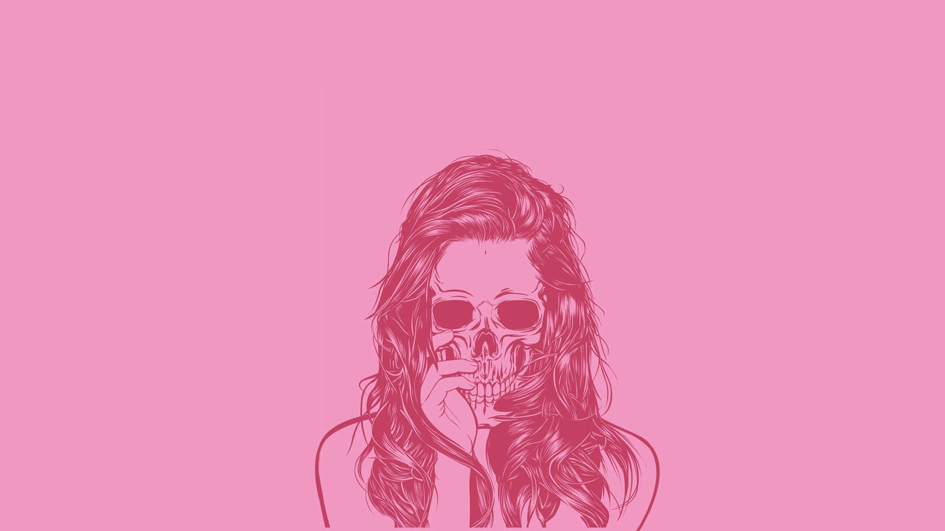 Girly Skull 桌布 壁紙 — 一幅粉紅色調的插圖，描繪一位長髮女性，她的臉是一個骷髏，正用一隻手托著自己的下頜。