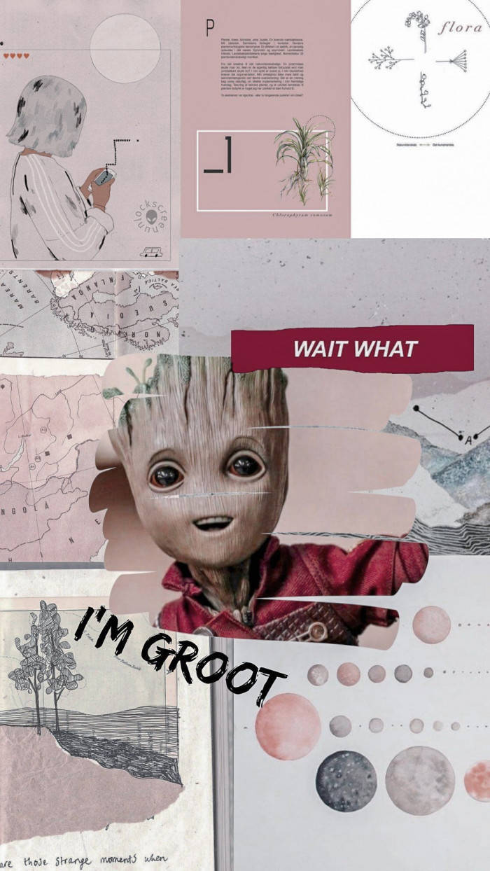 一幅粉紅色調的拼貼畫， featuring Groot，帶有文字疊加和藝術元素。 — 格魯特 GIF 壁紙