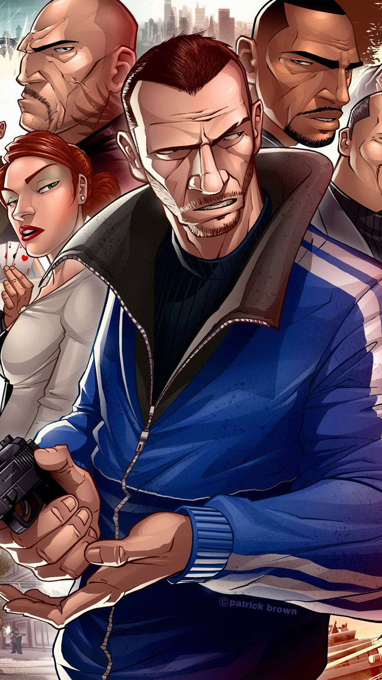 gta iPhone 桌布 壁紙 — 一幅粗獷動漫風格插圖，描繪一群緊張的角色，中央一名穿藍色外套的男子手持槍支。