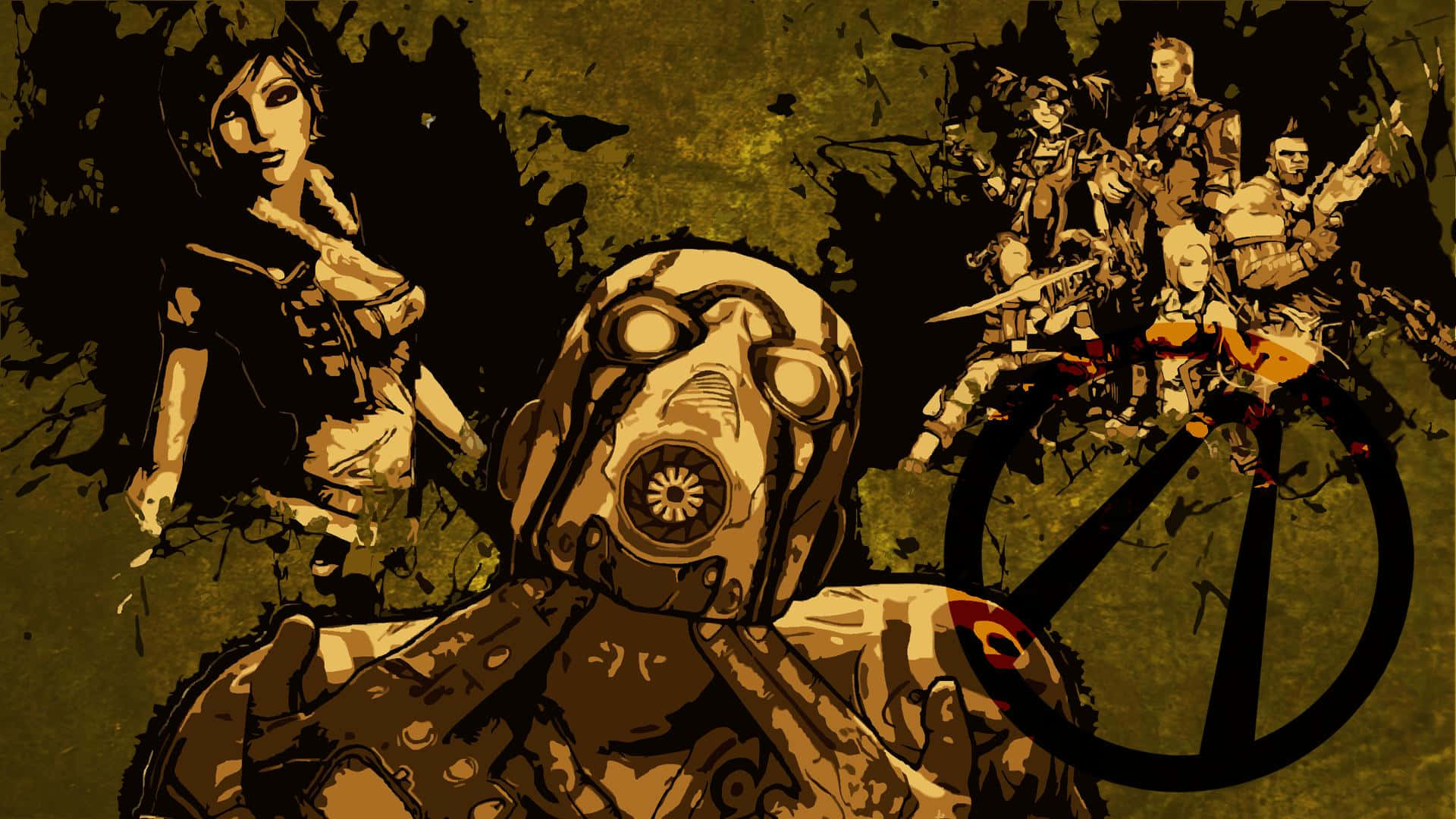 Borderlands 桌布 壁紙 — 一幅粗獷插圖風格的桌布，中央有一個身穿裝甲、戴著防毒面具的角色，被武裝角色包圍，背景是濺灑的橄欖綠色。