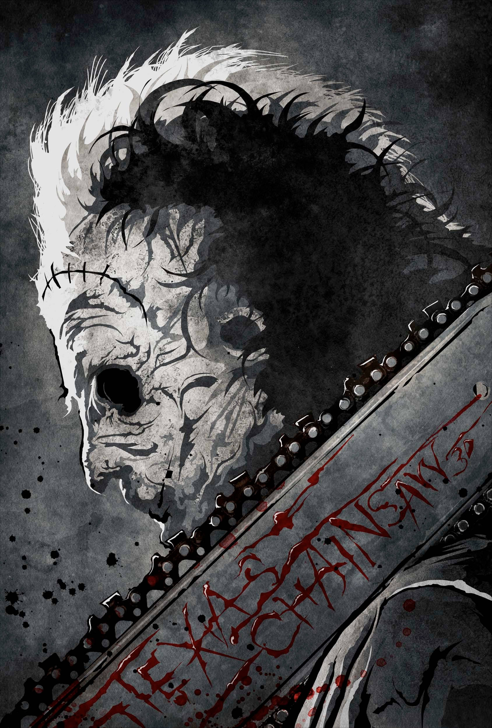 皮臉殺手 桌布 壁紙 — 一幅粗獷插畫風格的恐怖角色肖像，手持電鋸，臉部縫合，刀片濺滿鮮血。