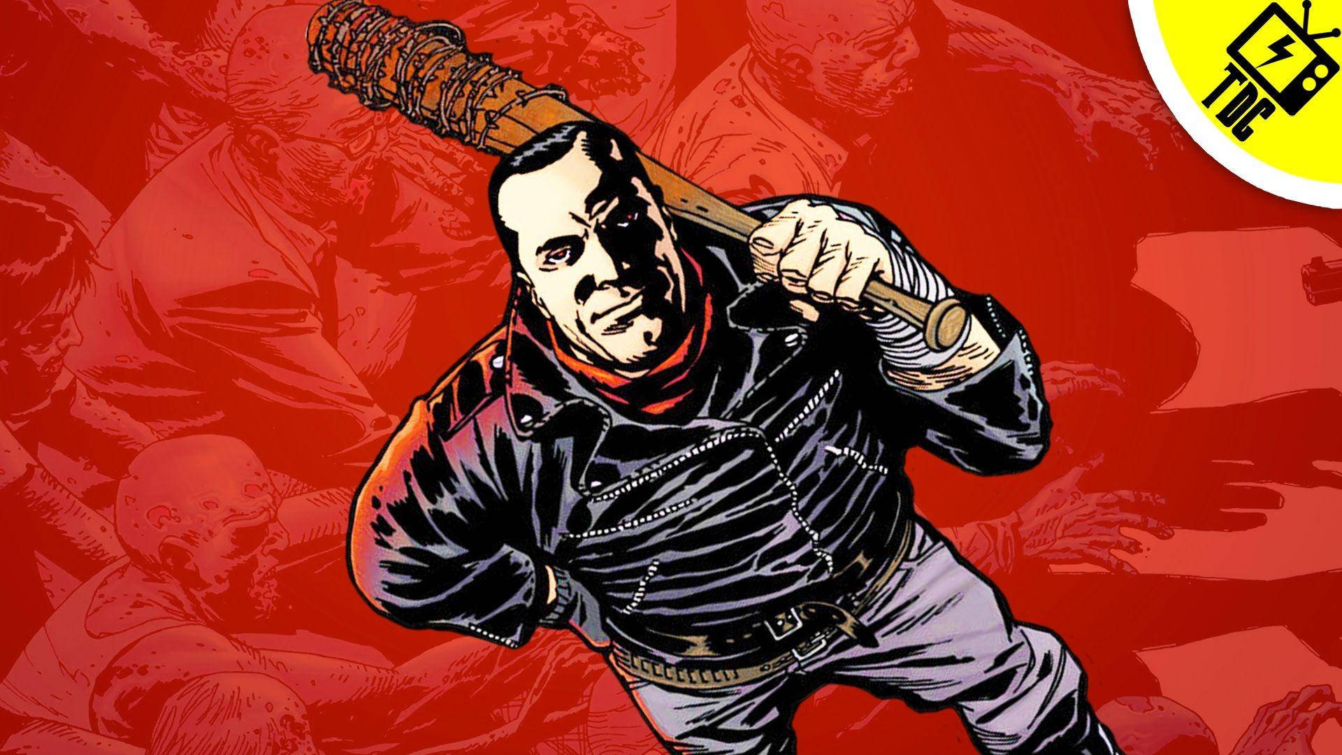 Negan 桌布 壁紙 — 一幅粗獷漫畫風格的插圖，描繪一個穿皮夾克的男人揮舞著帶釘的棒球棍，背景是血紅色，充滿殭屍剪影。