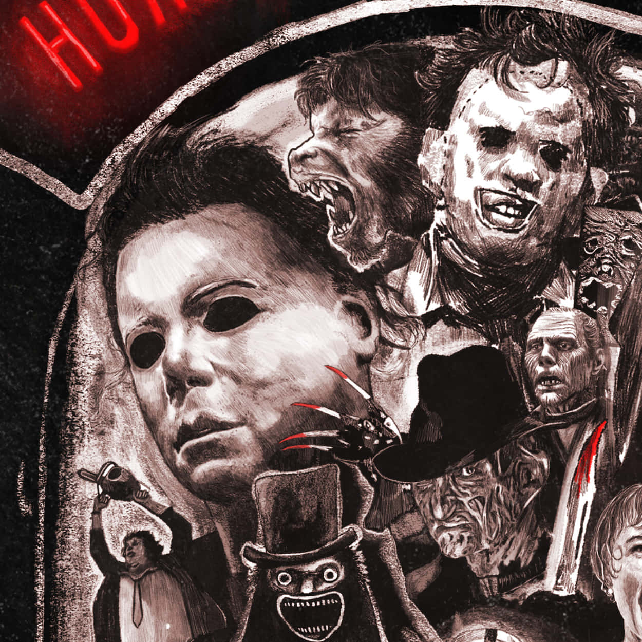 Horror Icons 桌布 壁紙 — 一幅粗獷炭筆風格的拼貼畫，描繪了經典恐怖電影反派角色，包括麥可·邁爾斯、佛萊迪·克魯格和恰吉，角落有紅色霓虹文字。