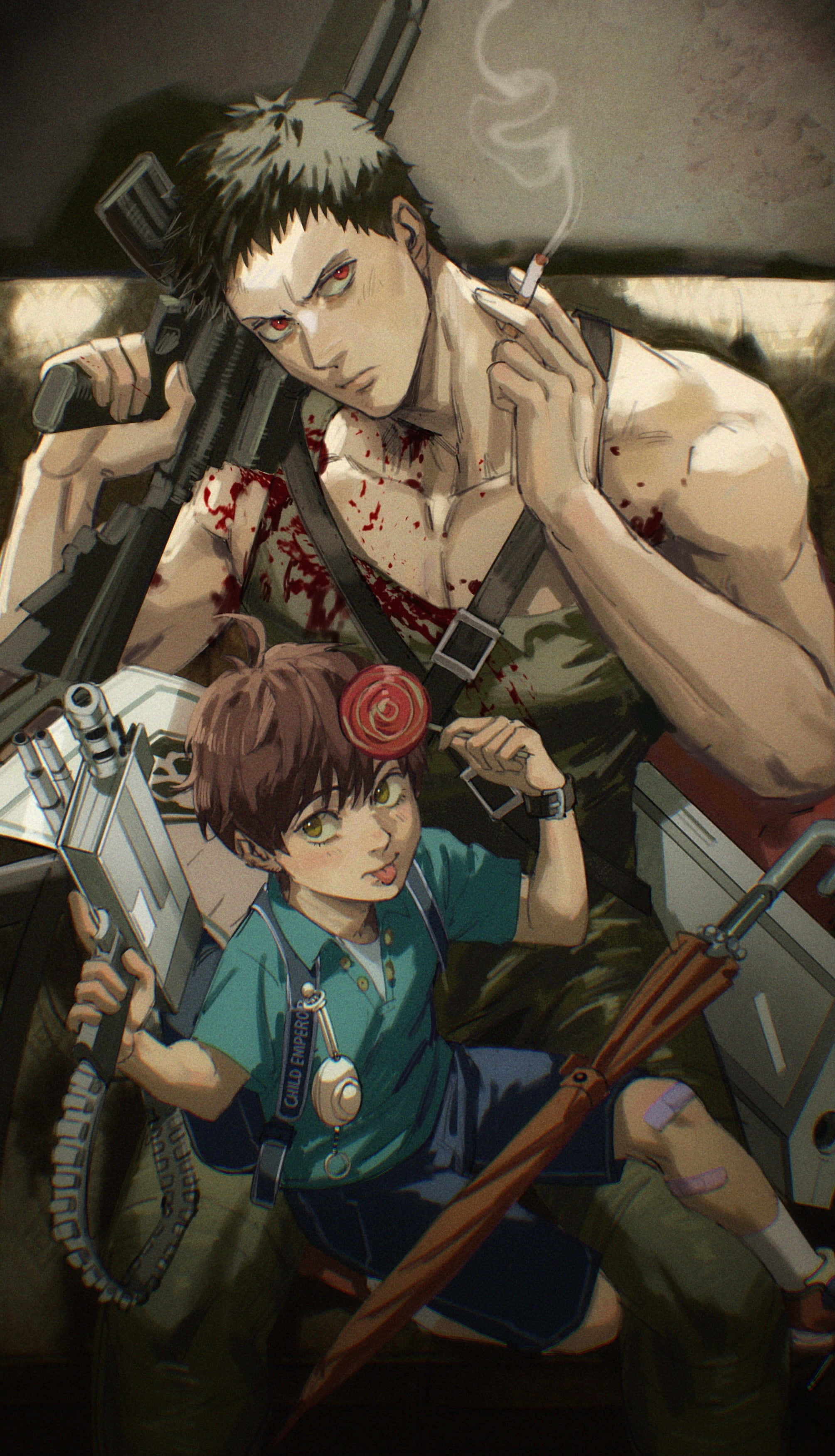 Child Emperor 桌布 壁紙 — 一幅粗獷的動漫風格插圖，描繪一名血跡斑斑的男子手持步槍和香煙，旁邊有一個拿著武器和雨傘的小男孩。
