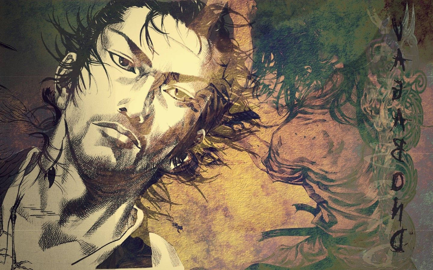 Vagabond 桌布 壁紙 — 一幅粗獷的動漫風格肖像，描繪一個帶有疤痕、眼神銳利、頭髮狂野的男人，背景為有紋理的土色調。