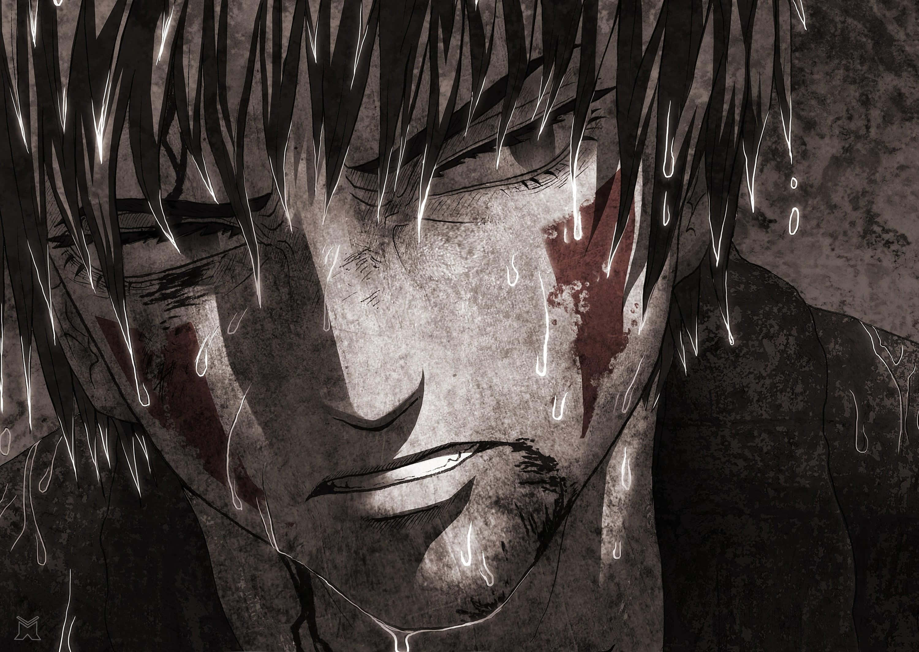 Horror Anime Boy 桌布 壁紙 — 一幅粗獷的動畫肖像，描繪一個男人在陰暗的場景中，雨水順著他的臉頰流下，血從他的臉頰滴落。