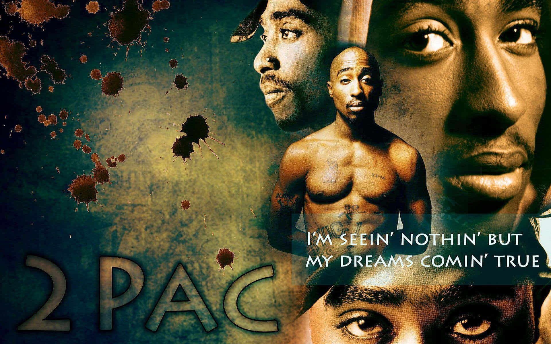 tupac 桌布 壁紙 — 一幅粗獷的拼貼畫，呈現Tupac Shakur強烈的面部表情，背景為帶紋理的青綠色，並有血濺效果和粗體文字。