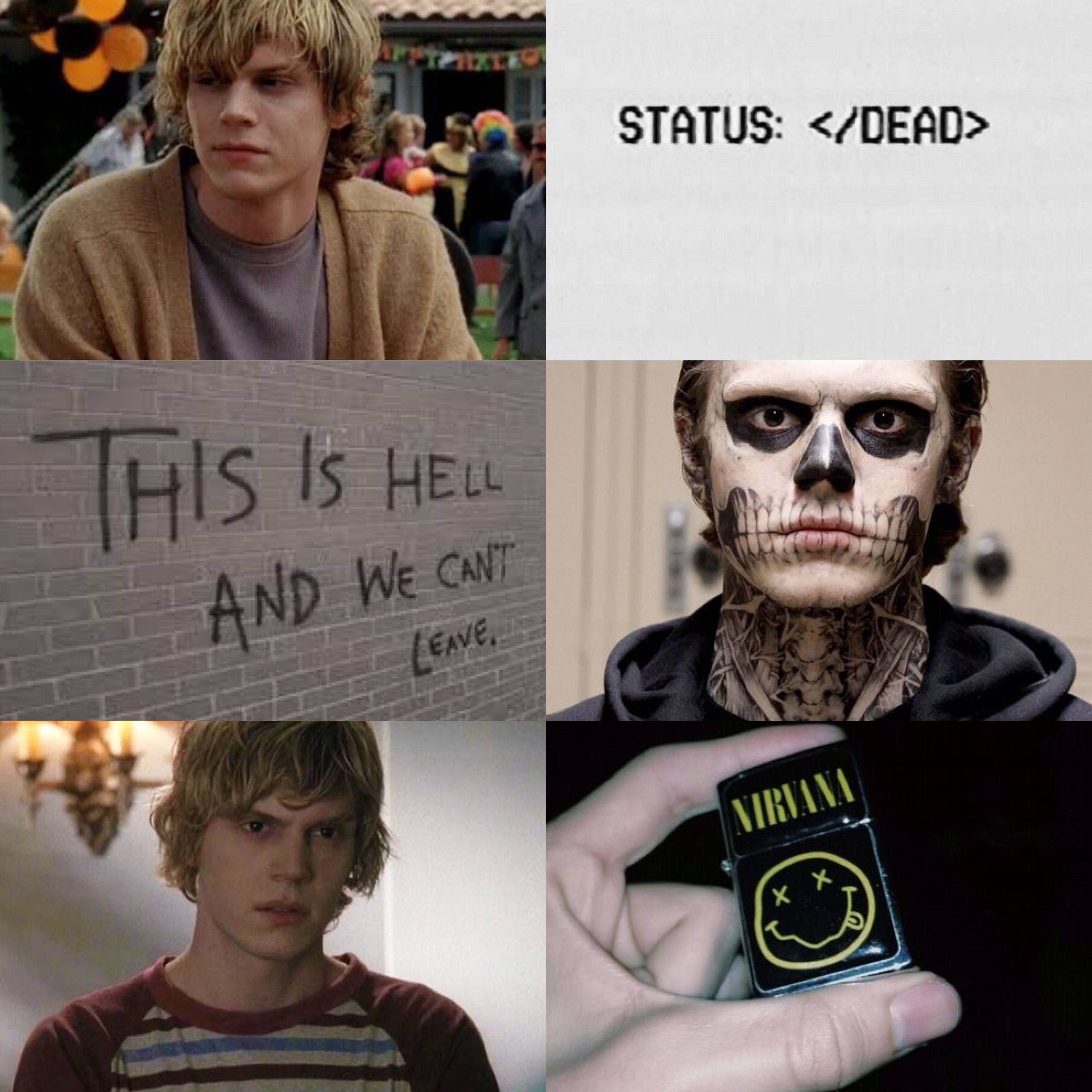Tate Langdon 桌布 壁紙 — 一幅粗獷的拼貼畫，描繪一個表情陰鬱的年輕男子、一個骷髏臉角色、一個Nirvana打火機，以及寫著「this is hell」的塗鴉。