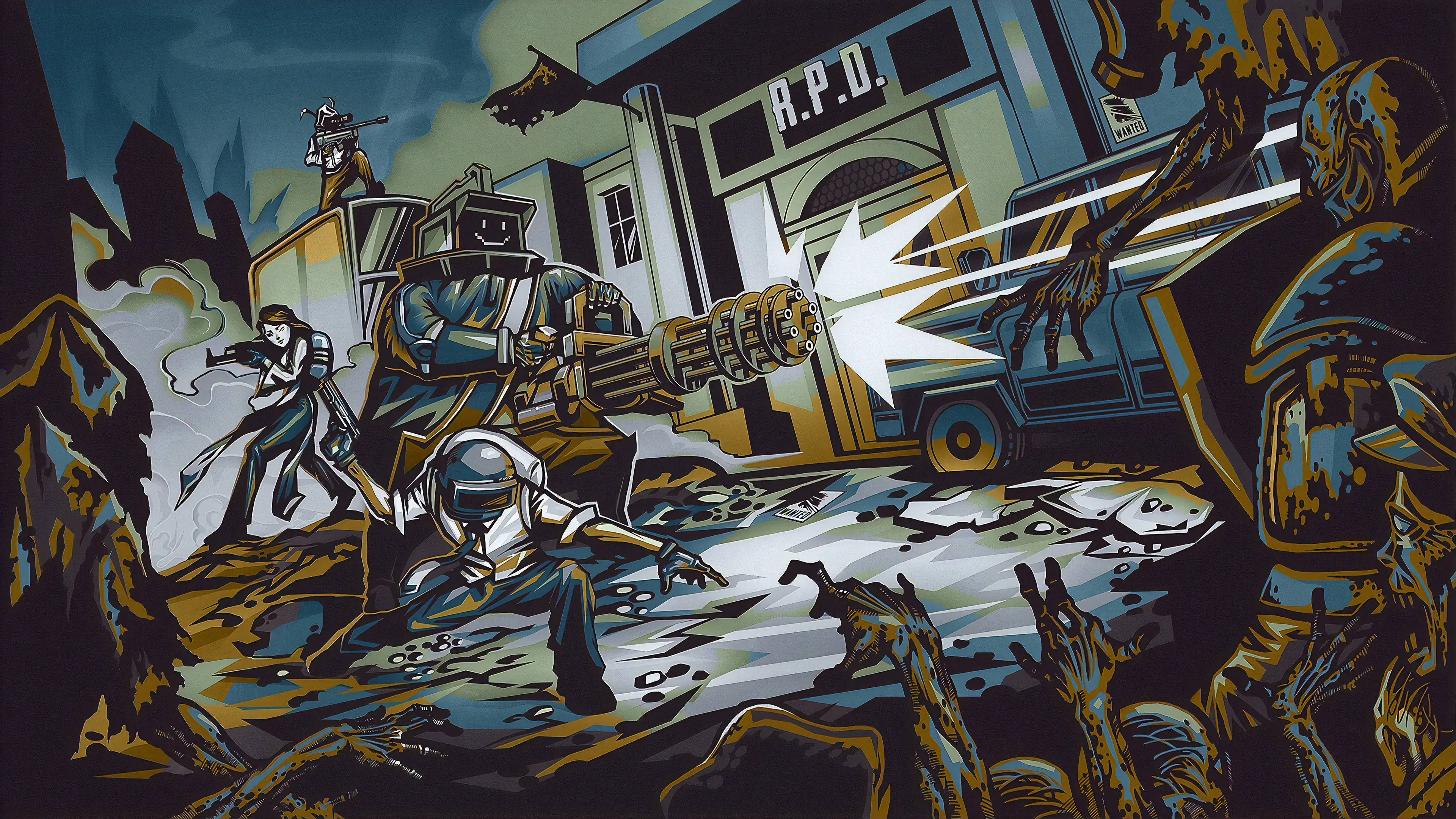 PC 遊戲 桌布 壁紙 — 一幅粗獷的插圖場景顯示，武裝警察在A.P.D.大樓外與類似殭屍的生物交戰，伴隨著槍火和爆炸。