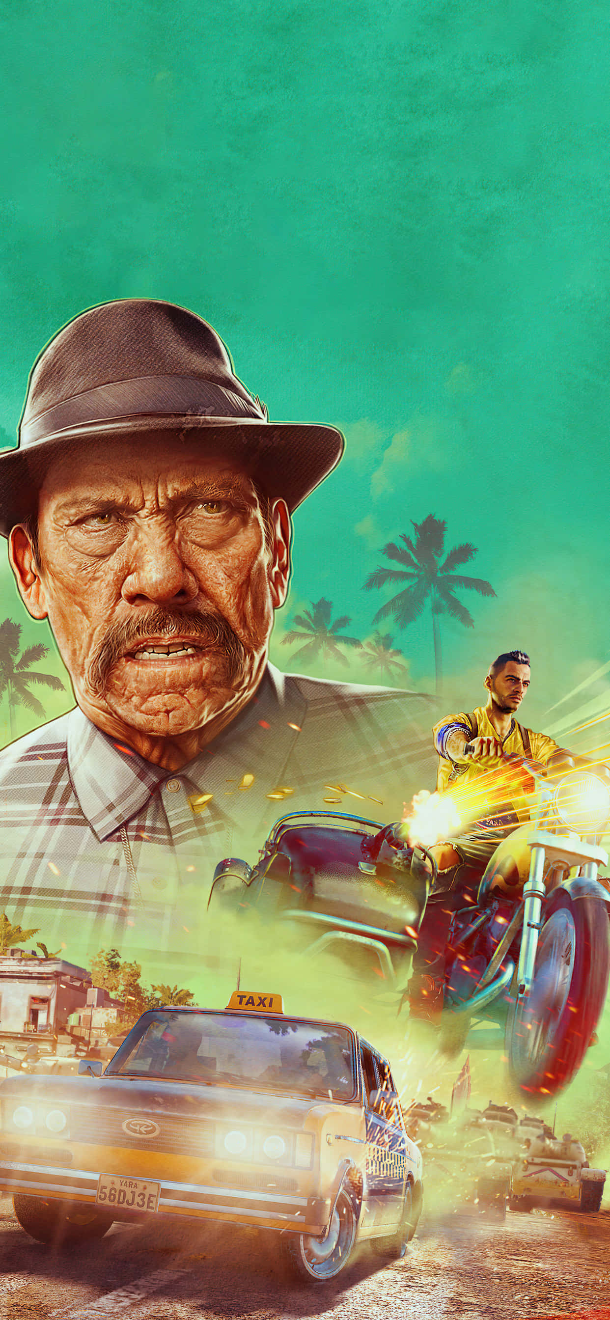 iPhone Xs Max Far Cry 3 桌布 壁紙 — 一幅粗獷的插圖海報，描繪一個戴著軟呢帽的嚴肅男子、一輛飛馳的摩托車和一輛計程車，身處熱帶混亂之中。