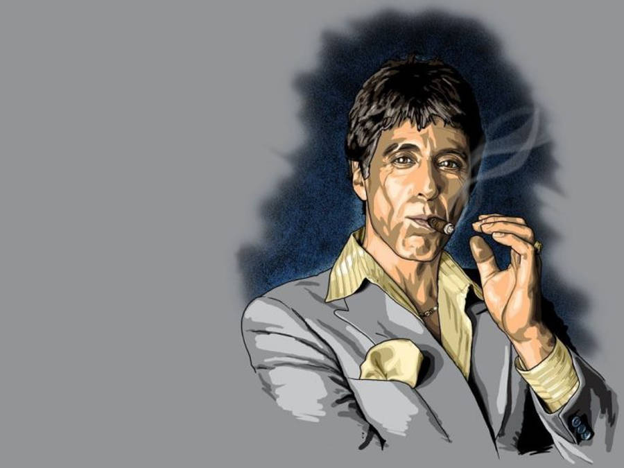 Al Pacino Scarface 桌布 壁紙 — 一幅粗獷的插畫風格肖像，描繪一名身穿灰色西裝的男子在黑暗煙霧繚繞的背景中抽雪茄。