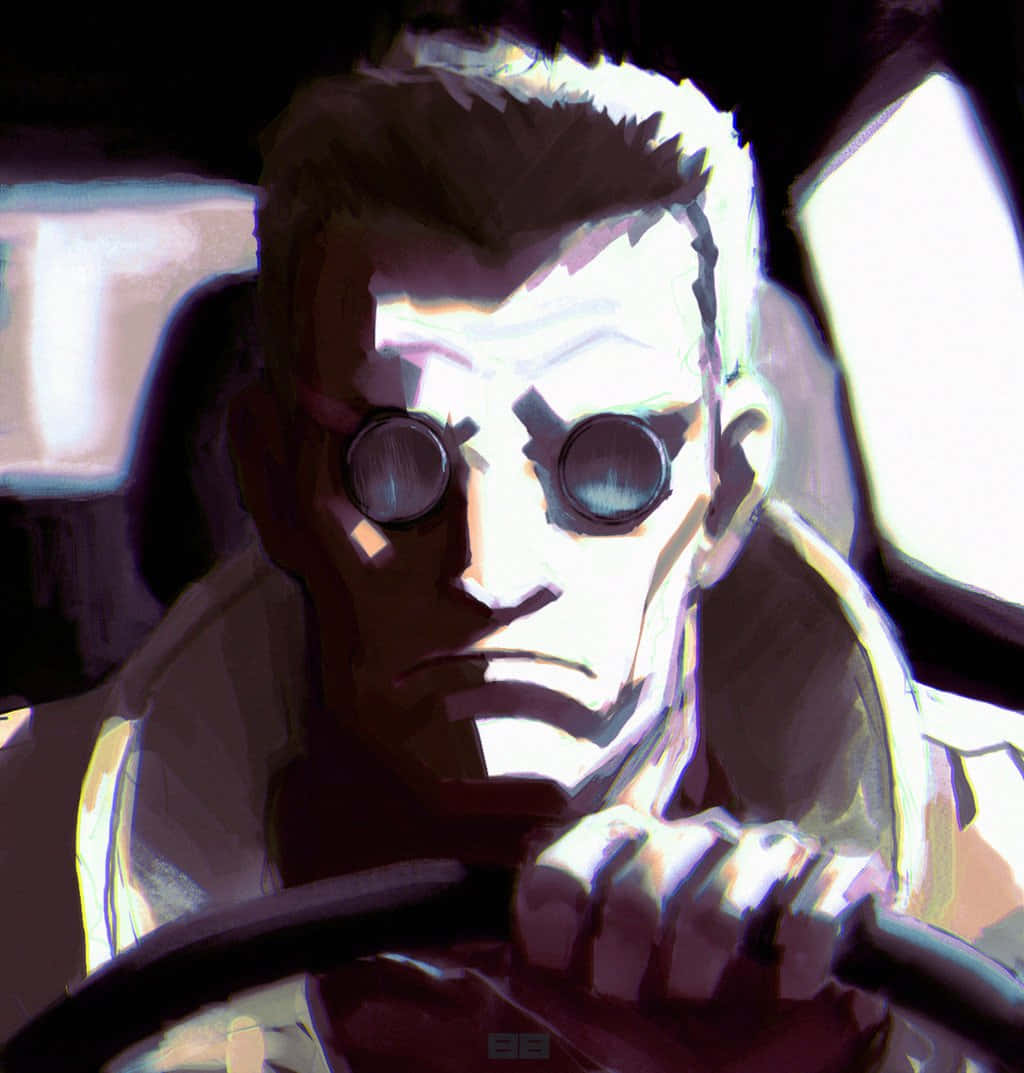 Ghost In The Shell Batou 桌布 壁紙 — 一幅粗獷的數位藝術肖像，描繪一名戴護目鏡的男子在戲劇性燈光下緊握車內的方向盤。