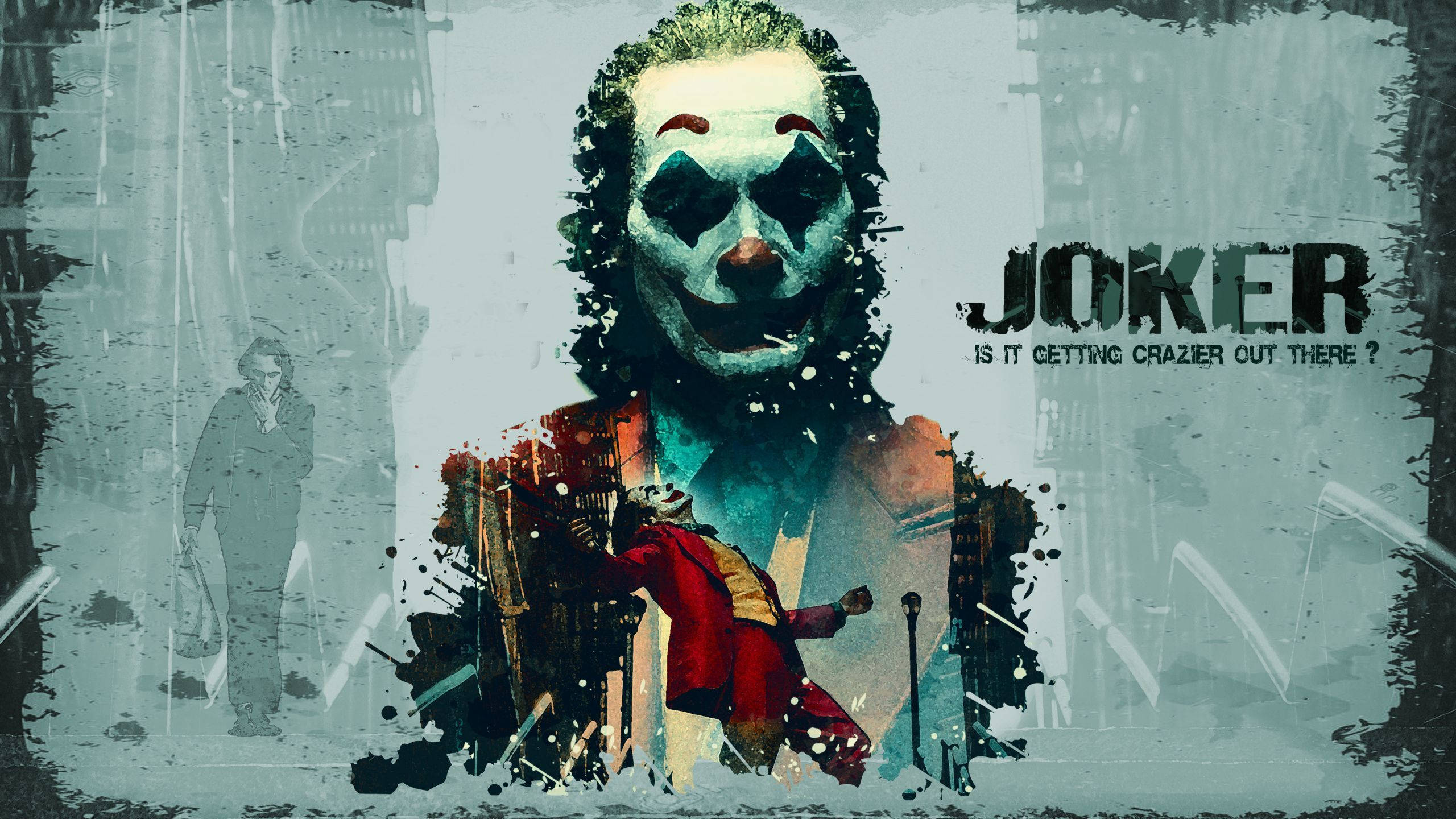 Joker 2019 桌布 壁紙 — 一幅粗獷的數位藝術肖像，描繪小丑在低飽和度的城市背景下，帶有塗抹的顏料效果和紅色外套。