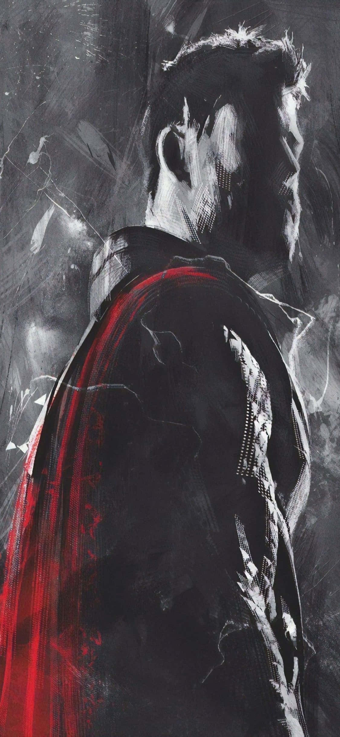 iPhone Xs Marvel's Avengers 桌布 壁紙 — 一幅粗獷的數位藝術肖像畫，描繪一個側面男子，披著鮮紅色斗篷，背景是煙霧瀰漫的炭灰色。