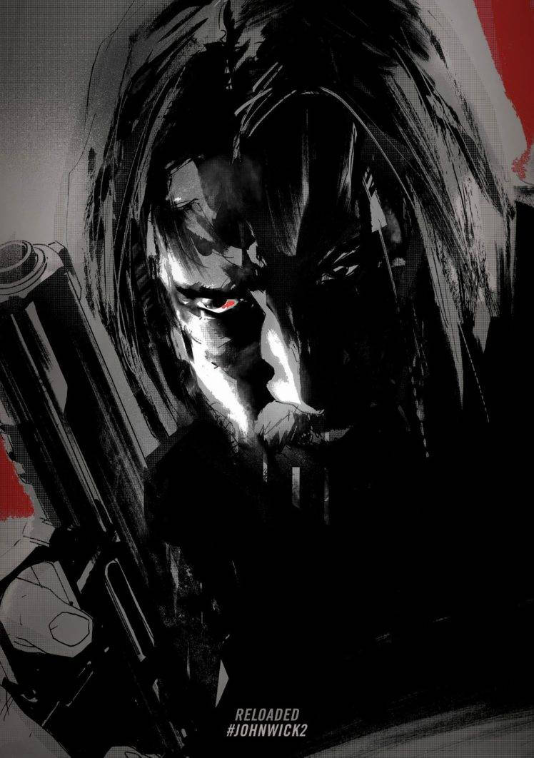 John Wick 桌布 壁紙 — 一幅粗獷的數位藝術肖像畫，描繪約翰·維克（John Wick）在帶有紅色點綴的陰影單色中，手持手槍，雙眼發出紅光。
