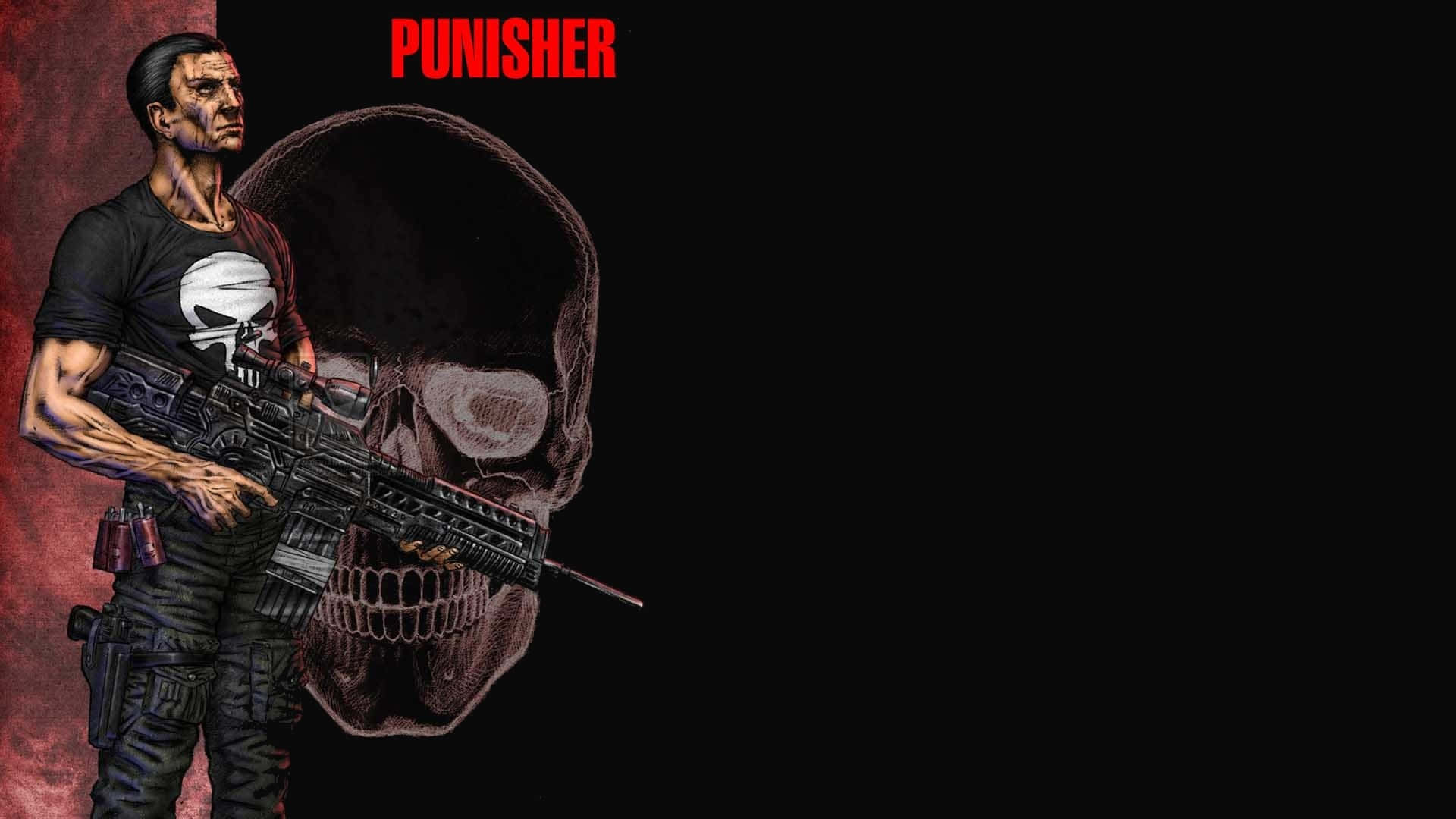 Punisher Desktop 桌布 壁紙 — 一幅粗獷的漫畫插圖，懲罰者站在黑暗背景前，手持步槍，背景帶有骷髏圖案。