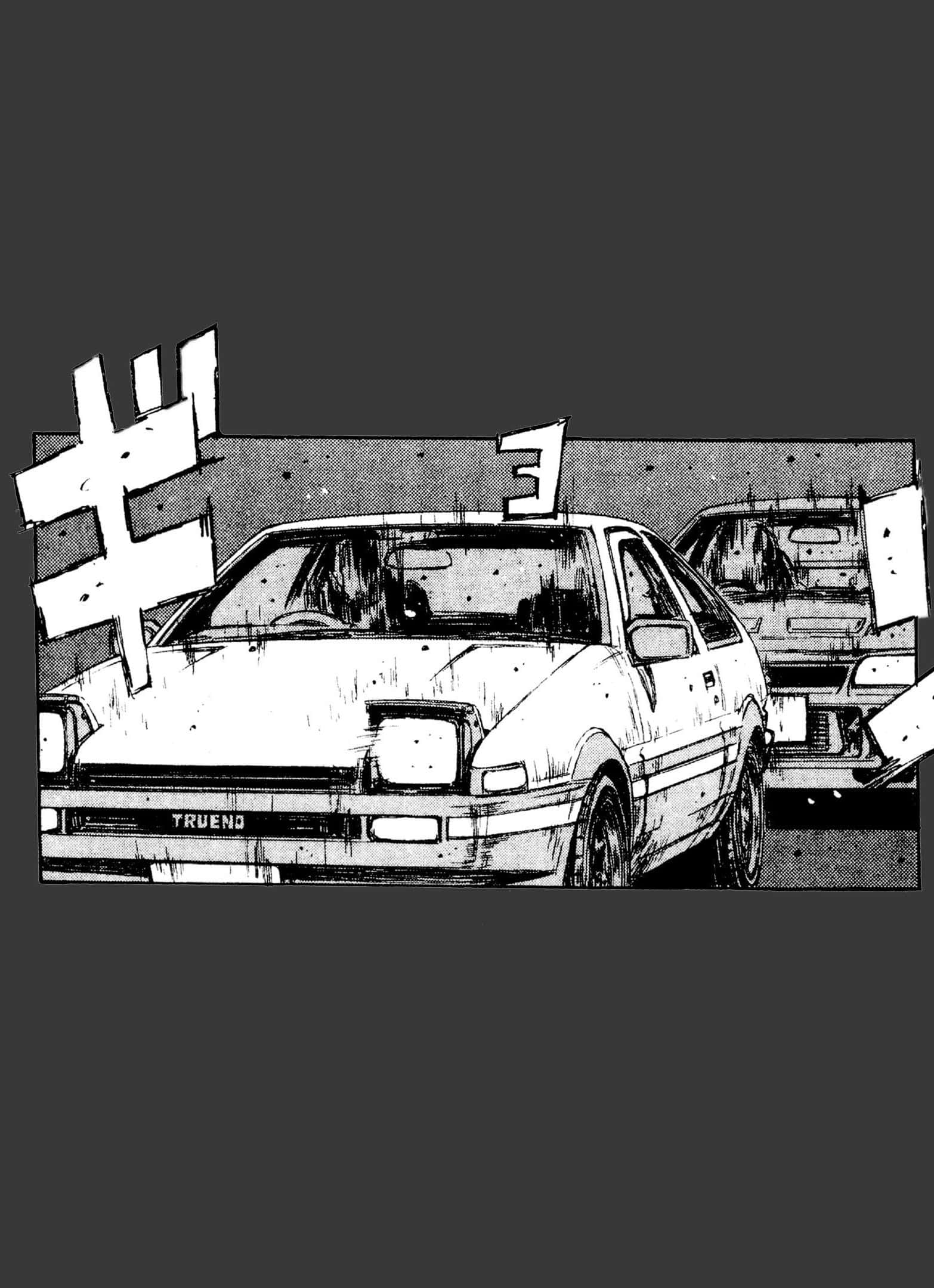 桌布 壁紙 — 一幅粗獷的漫畫風格插圖，描繪了一輛破舊的AE86 Trueno跑車，後面還有另一輛車，並以大膽的漫畫音效框住。