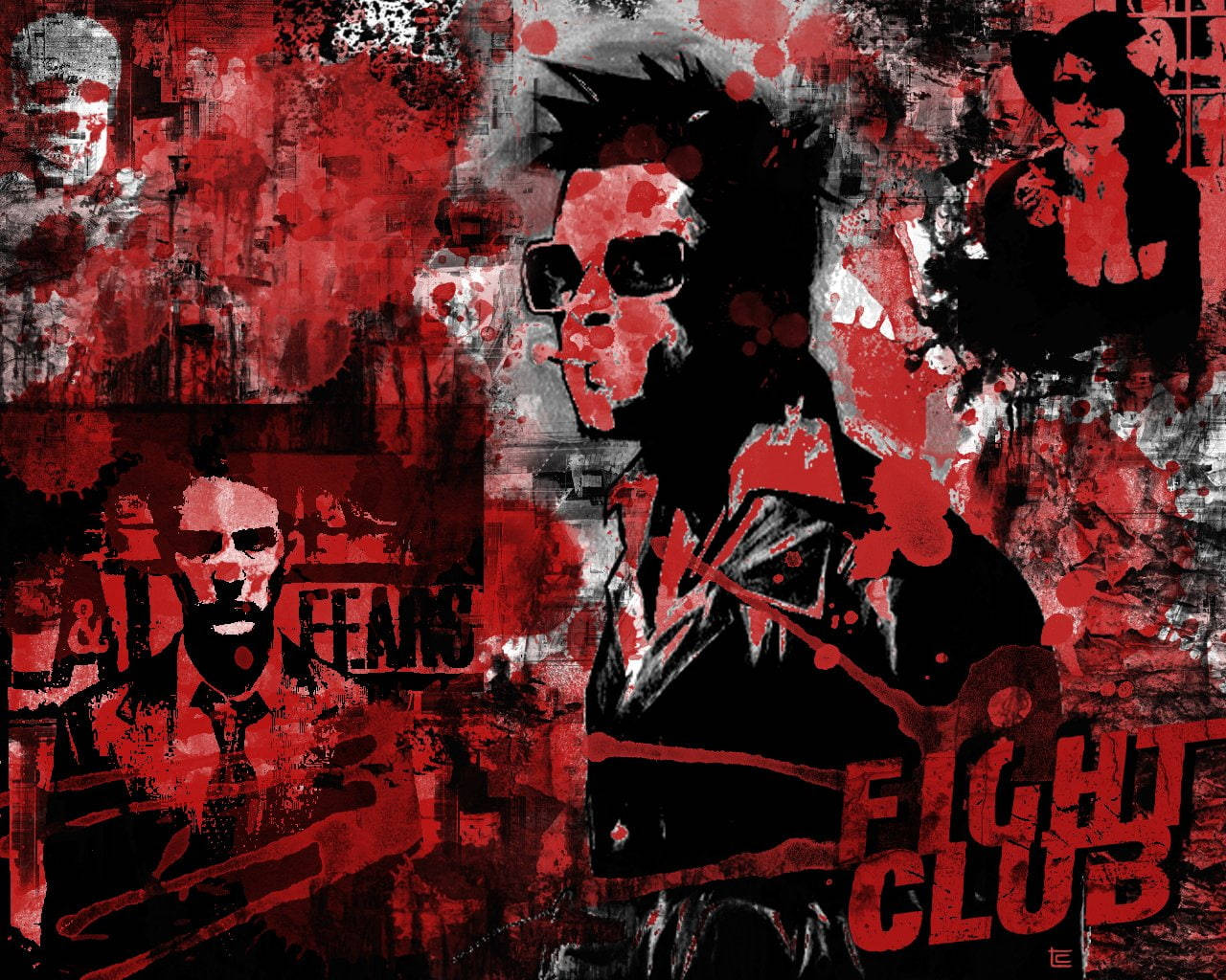 club 桌布 壁紙 — 一幅粗獷的紅黑塗鴉風格藝術作品，描繪《鬥陣俱樂部》角色，帶有飛濺顏料和粗體文字。