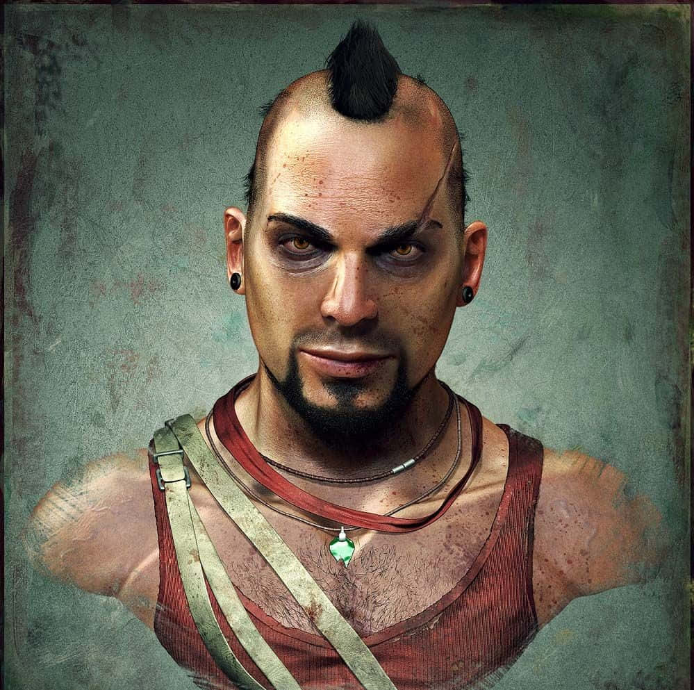 Far Cry 5 桌布 壁紙 — 一幅粗獷的肖像，描繪一個留著莫霍克頭、眼神銳利的男人，身穿紅色背心和肩帶，背景是帶有紋理的綠色牆壁。