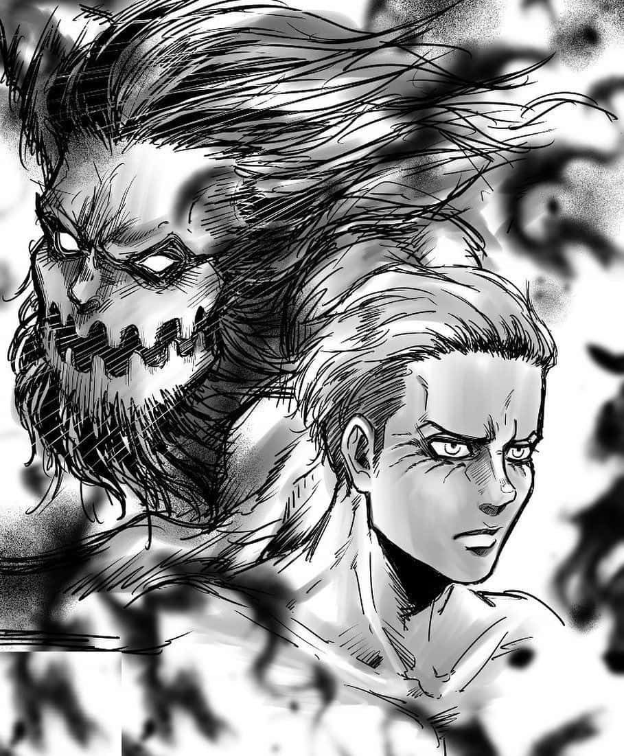 Jaw Titan 桌布 壁紙 — 一幅粗獷的黑白動畫插圖，描繪一名兇猛的人類戰士面對一頭擁有狂野頭髮和鋸齒狀牙齒的怪物巨人。