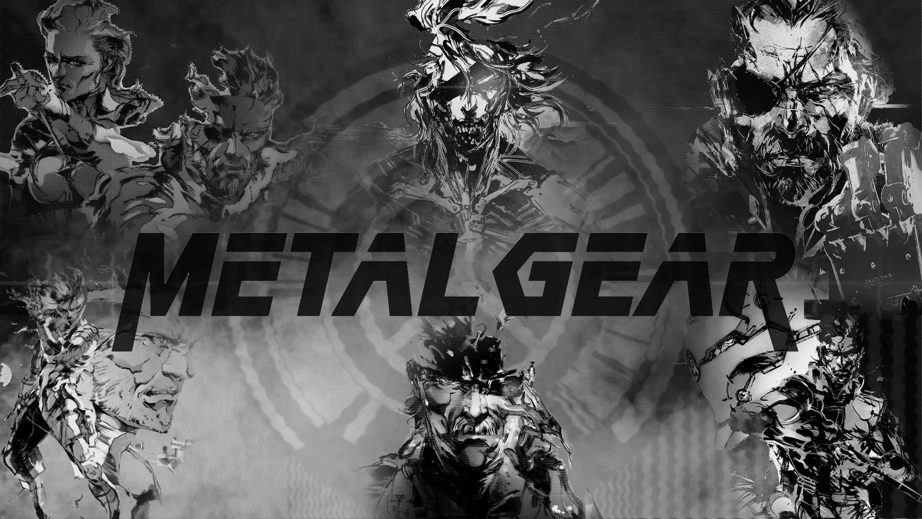 電玩遊戲 桌布 壁紙 — 一幅粗獷的黑白拼貼畫，描繪了激烈的《Metal Gear Solid》角色，並帶有粗體標題文字。