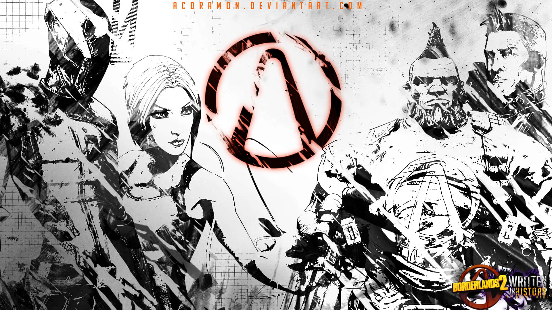 Borderlands 桌布 壁紙 — 一幅粗獷的黑白插圖，描繪了四個《邊緣禁地2》角色，中央有一個發光的紅色標誌。