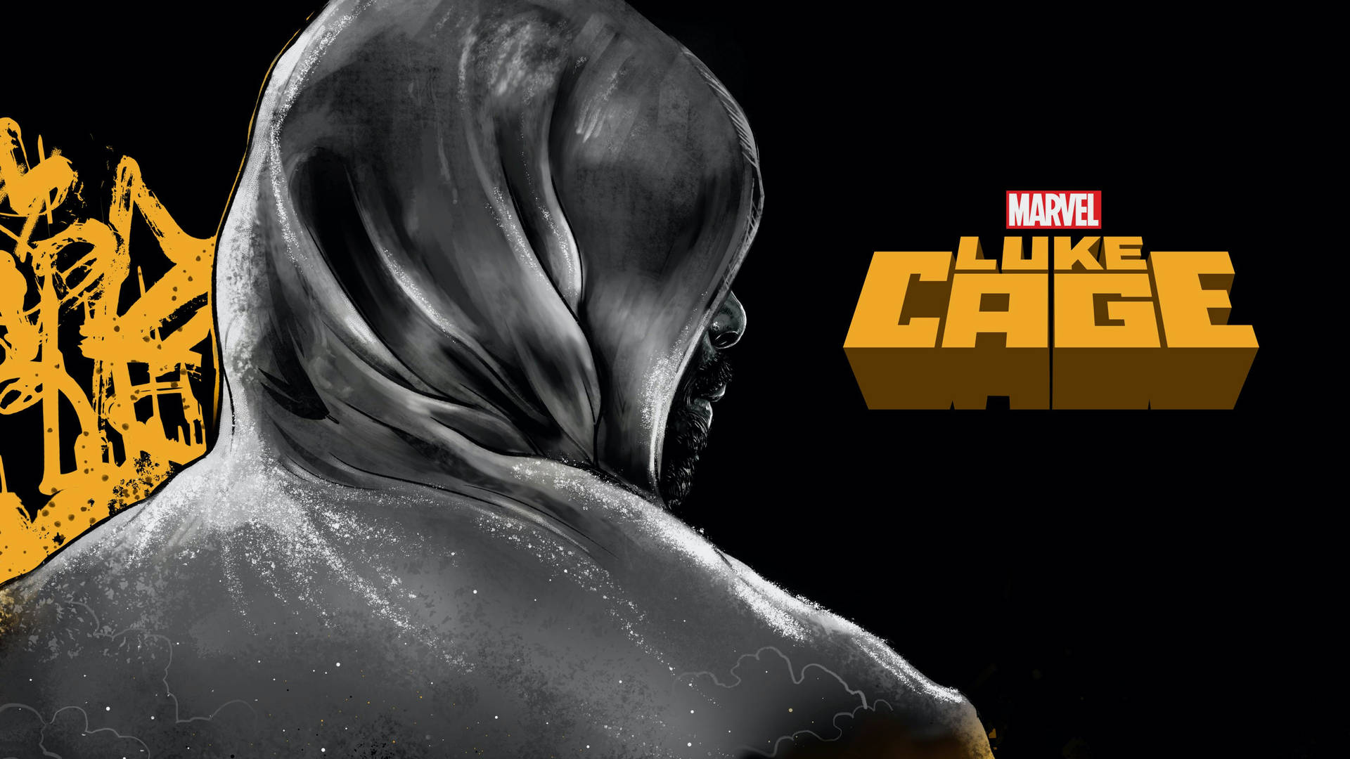 盧克·凱奇穿著連帽斗篷，帶有Marvel標誌和塗鴉背景。 — 塗鴉 GIF 壁紙